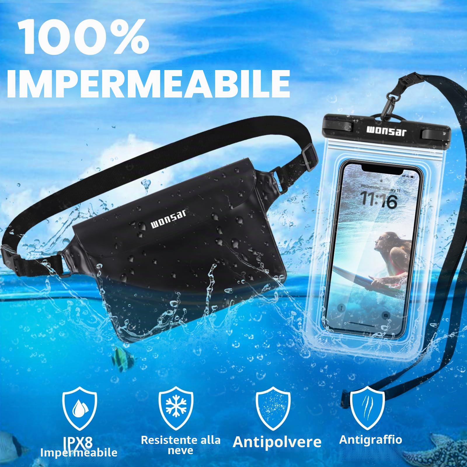 WONSAR borsa impermeabile, marsupio Custodia Smartphone, Porta Cellulare Subacquea Universale per Spiaggia Nuoto, Canottaggio, Pesca, Vela, Escursioni