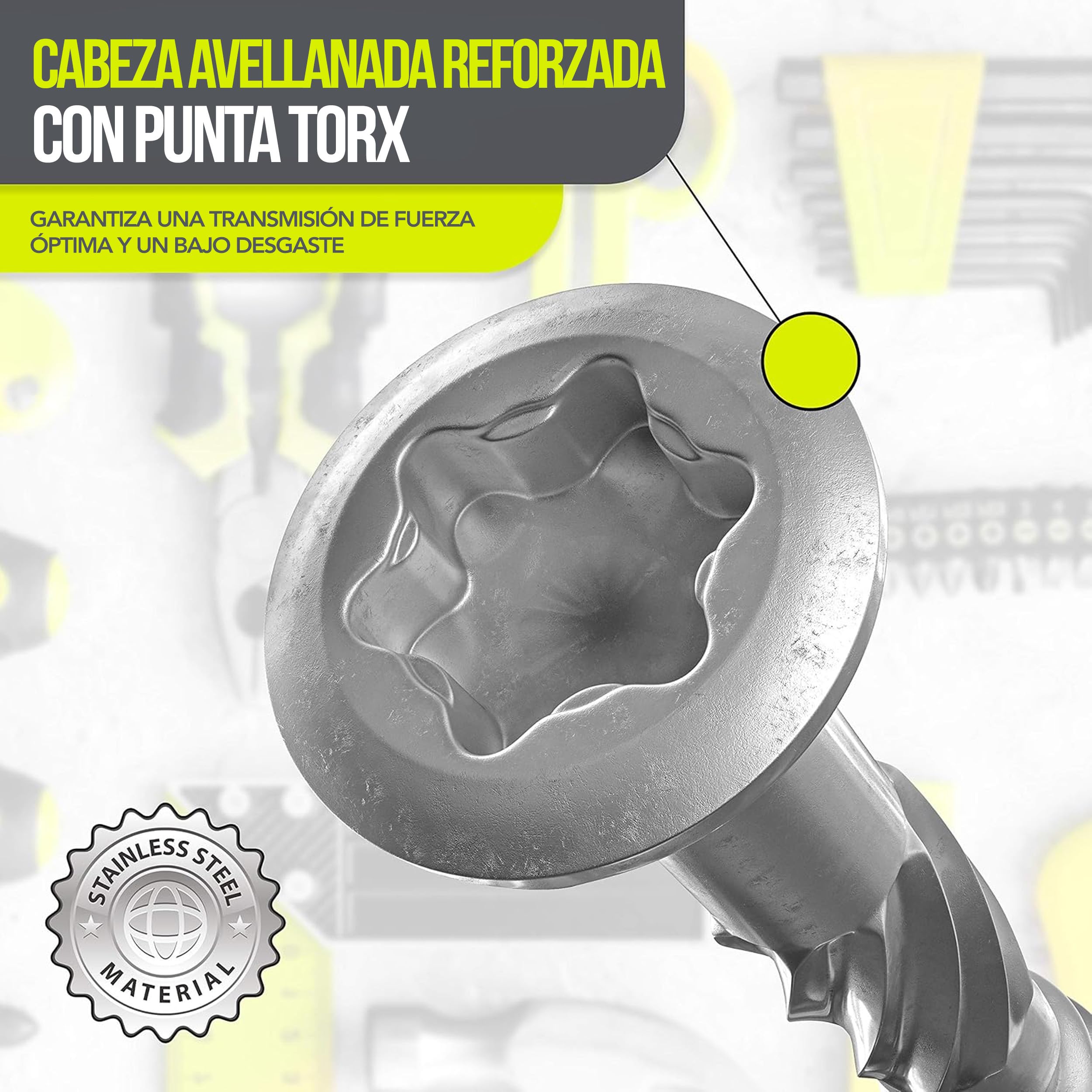 Tornillos para terraza Muesca de corte Torx | A2 TX25-5,0x50mm - 200 uds| Tornillos para tarimas de acero inoxidable de primera calidad con recubrimiento deslizante, tornillo tarima madera