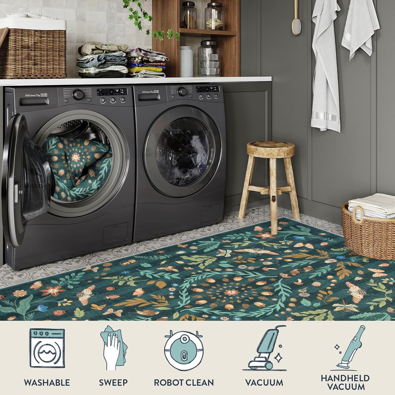 Lahome Insect Botanical Washable 5x7 Area Rugs for Living Room, Non Slip Green Rug for Bedroom, Boho Indoor Throw Dining Room Carpet for Under Table Entryway Kitchen Office(Dark Green,5x7) - Image 4