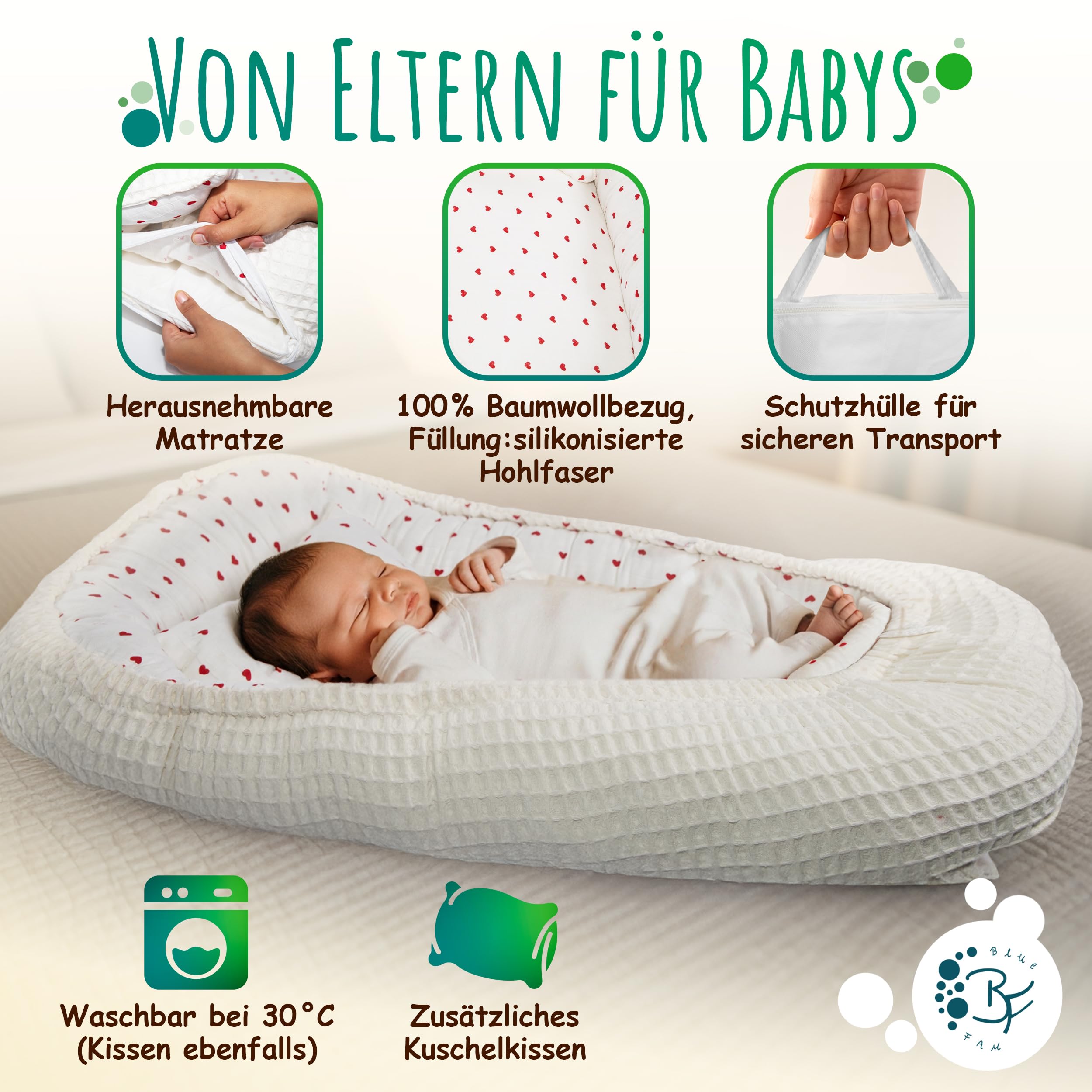 Babynest aus 100% Musselin und Piqué-Baumwolle– Maschinenwaschbares babynestchen, Oeko-TEX® Zertifiziert, Baby Kuschelnest & Reisebett für Neugeborene, zweiseitig verwendbares Nestchen