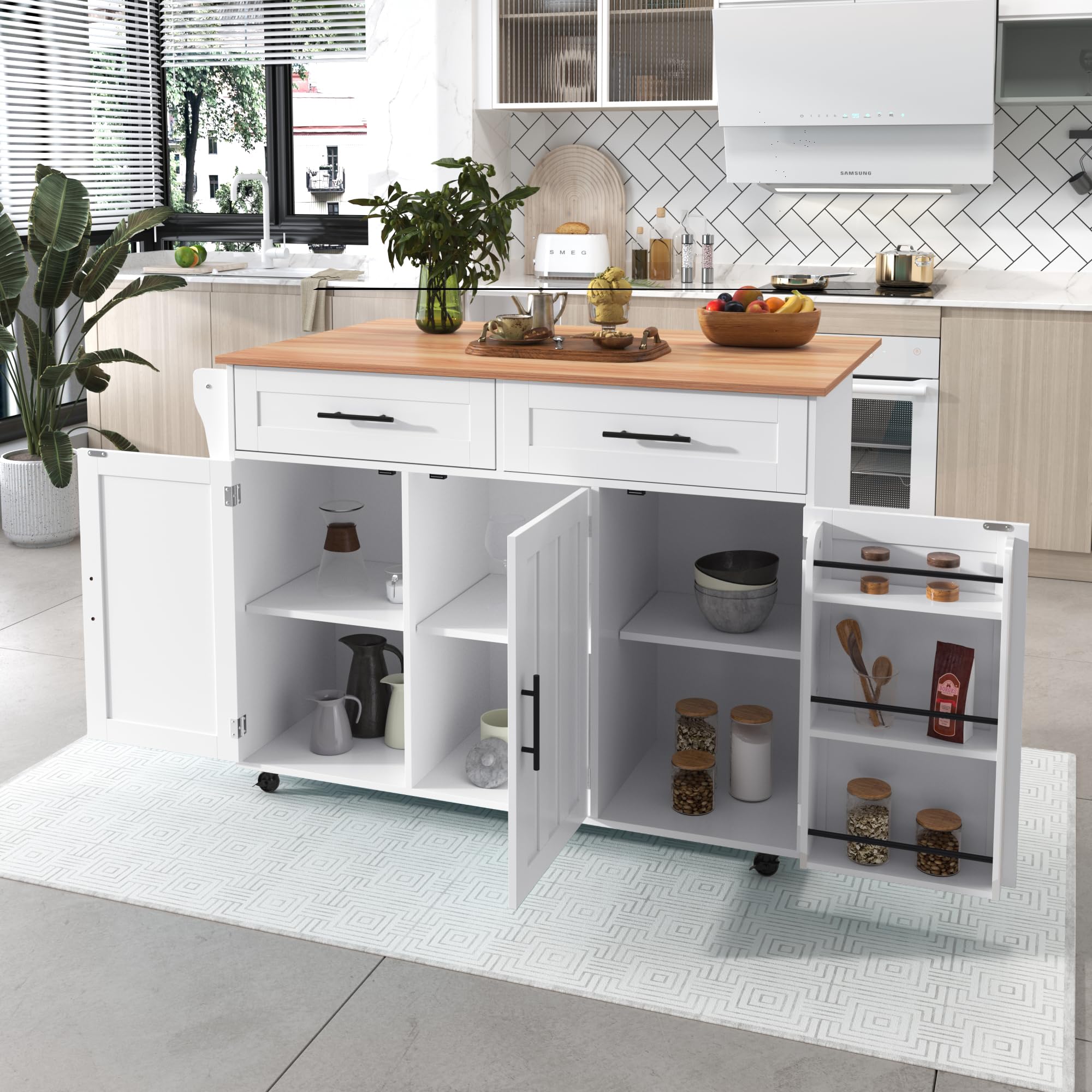 KecDuey Carrito de cocina, isla de cocina con ruedas con superficie de trabajo plegable, 129 x 71 x 91,5 cm, aparador grande con vetas de madera maciza, diseño de puerta de almacenamiento (blanco)