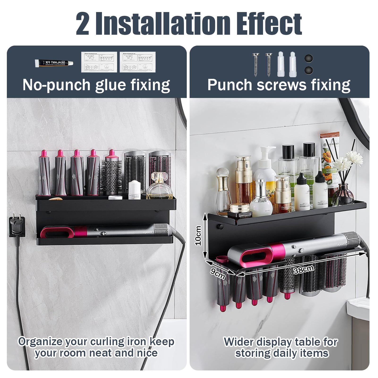 Wandhouder voor Dyson Airwrap Styler accessoires, 2-in-1 krultanghouder zonder boren, krulspelden, haardrogerhouder, standaard föhnhouder voor huis, badkamer, organizer (zwart Wandhouder voor Dyson Airwrap Styler accessoires, 2-in-1 krultanghouder zonder boren, krulspelden, haardrogerhouder, standaard föhnhouder voor huis, badkamer, organizer (zwart