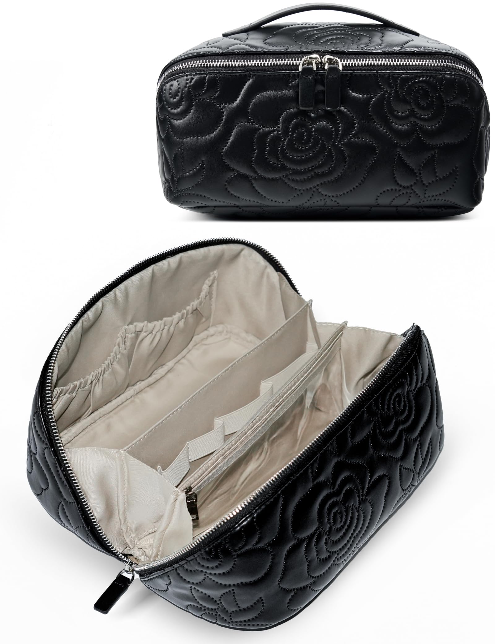 Popvibe Open Flat Makeup Bag Travel Cosmetic Case for Women Large Capacity Toiletry Travel Bag with Zipper Portable