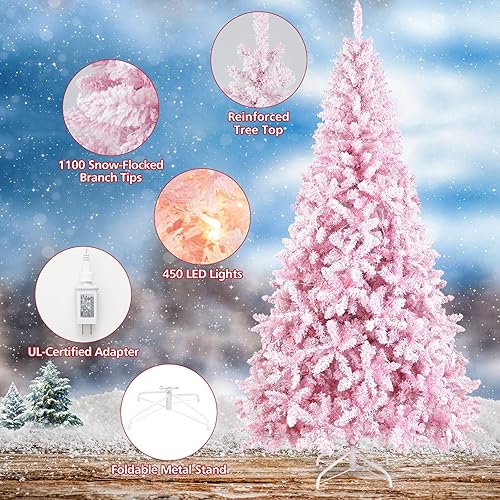 Miniatura 4 de BestComfort Árbol de Navidad flocado de nieve rosa preiluminado de 7.5 pies, 1100 puntas de rama, 450 luces cálidas, 8 modos de iluminación, soporte
