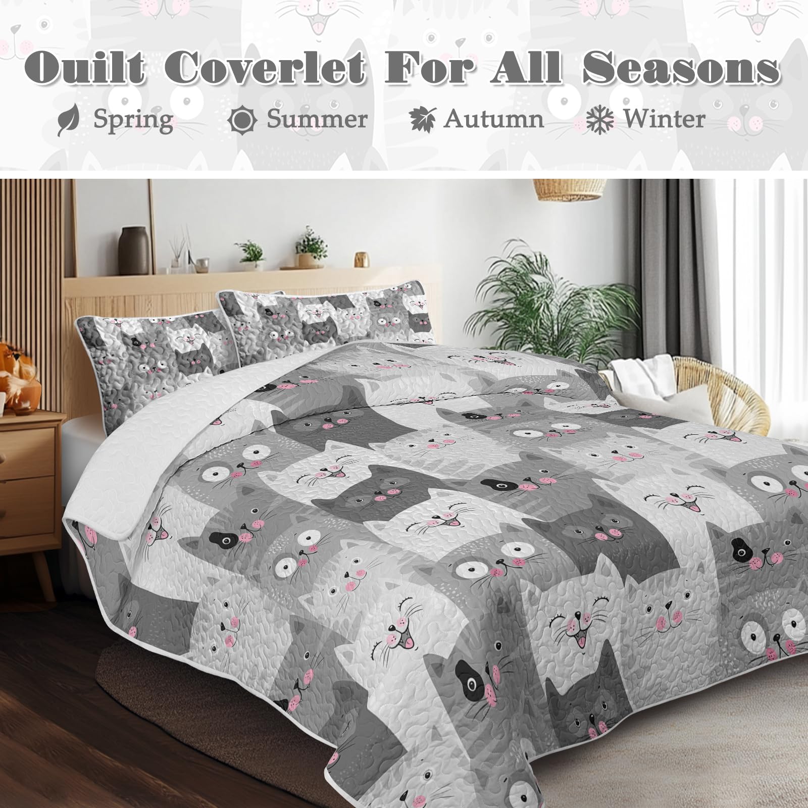 BlessLiving Cat Quilt Set Gray Twin(68