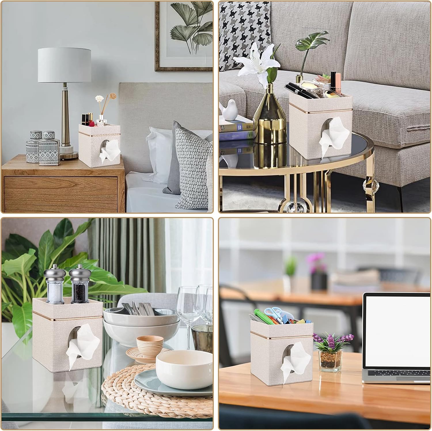 Sumnacon Linen Square Tissue Box Cover - Decorative Cube Tissue Box Holder with Tray, Stylish Tissue Box for Bathroom Toilet Tank Vanity Dresser Table Office Bar Restaurant, Beige | Decorative Cube Tissue Box,Stylish Gold Grim Tissue Box for Bathroom Toilet Tank Vanity Dresser Table Office Bar Restaurant