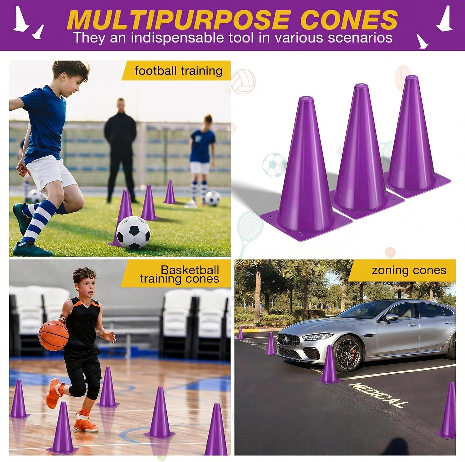 12 Inch Durable Cones,24pcs Versatile Plastic Traffic Cones and Soccer Cones for Sports Training,Agility Drills,Parking Safety,Basketball Training,Football Training.