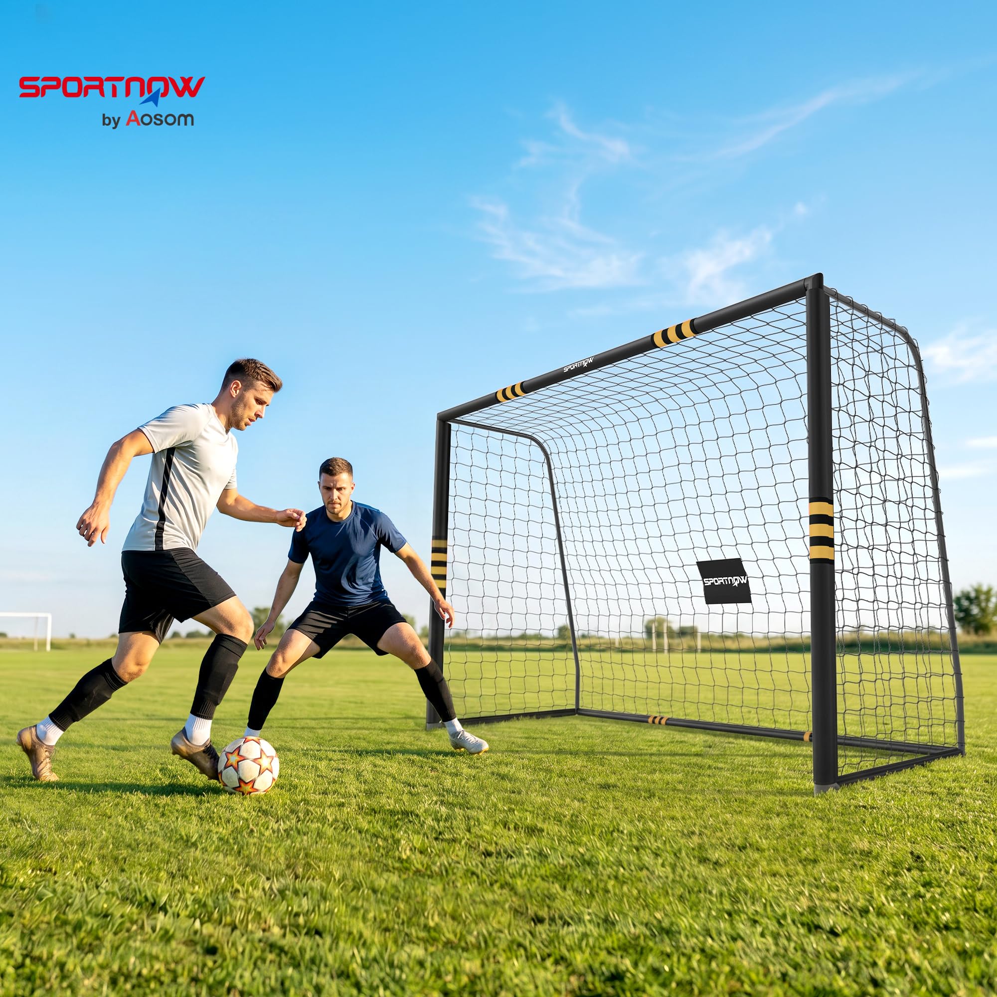 SPORTNOW Portería de Fútbol, con Red 300x120x200 cm Negro y Amarillo | Portería de Fútbol para Jardín, Piquetas de Suelo, Acolchado EPE, Estructura Metálica, Montaje Fácil, Interior y Exterior