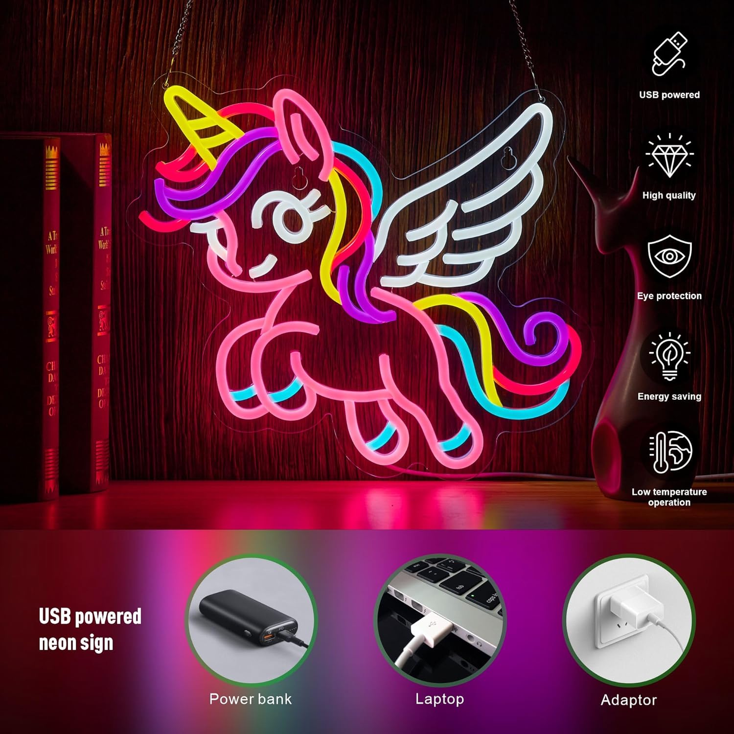 Unicorn Neon Sign for Wall Decor Pink Flying Unicorn LED Light USB Powered Dimmable with Hanging Chain Gifts for Girls Kids Decoration for Bedroom Party - Image 3