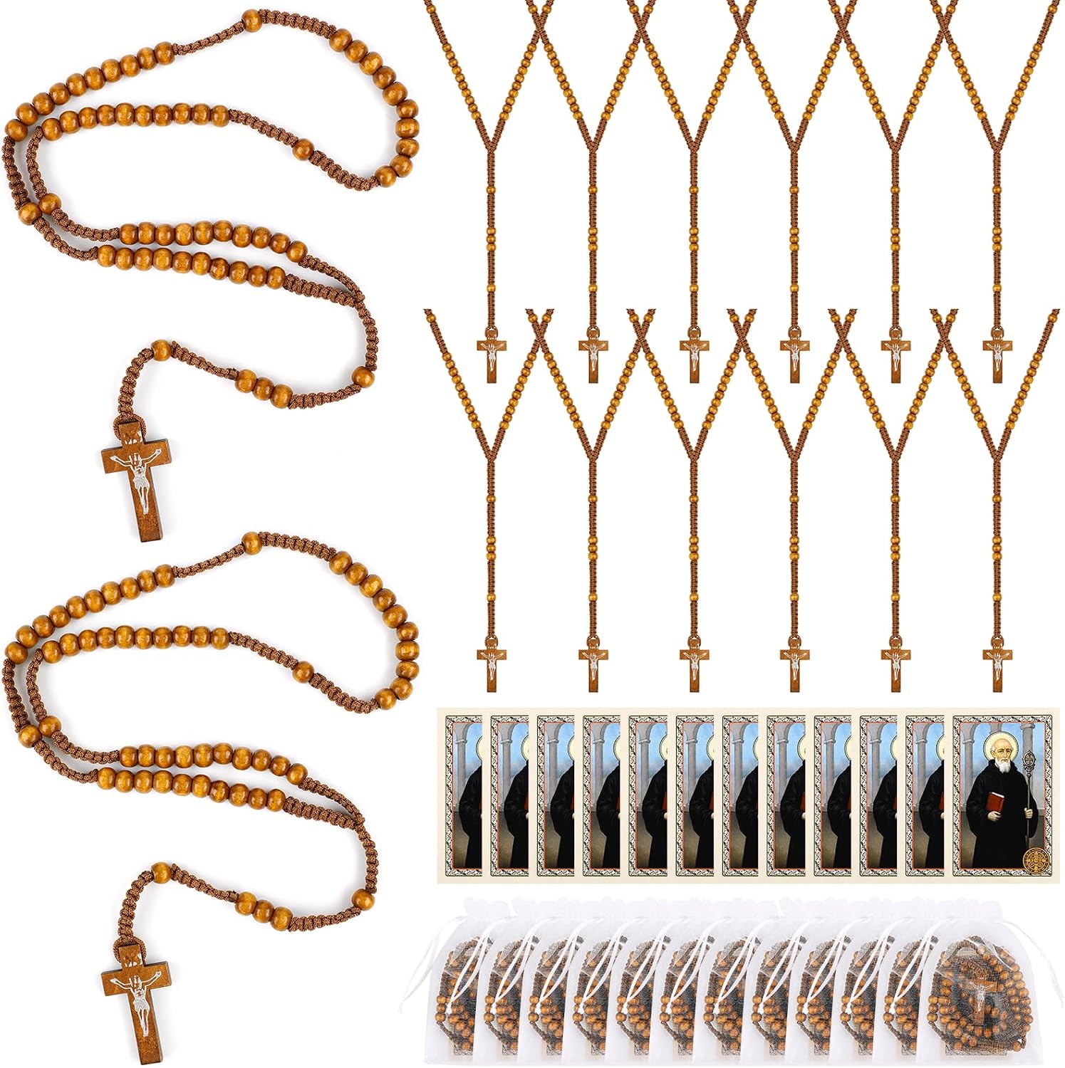 Wooden Bead Rosary Necklace, Catholic Rosary Wood Carved Beads with Jesus Cross, Wood Rosarys Beads Necklace Bulk with Organza Bags Pouch Baptism Favors
