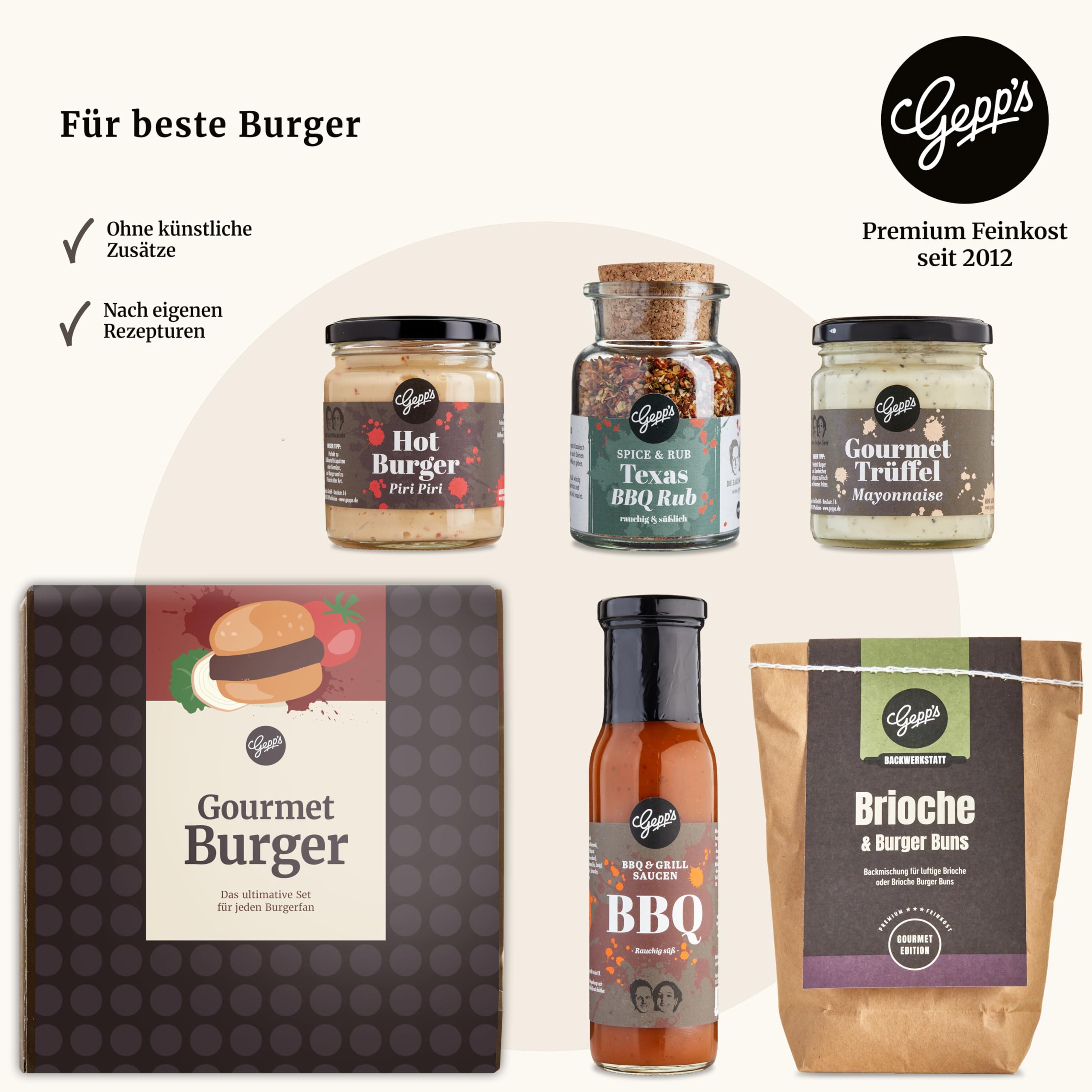 Gepp’s Feinkost Burgerbox Geschenkset mit Grill- und BBQ-Saucen, Texas BBQ Rub und Brioche