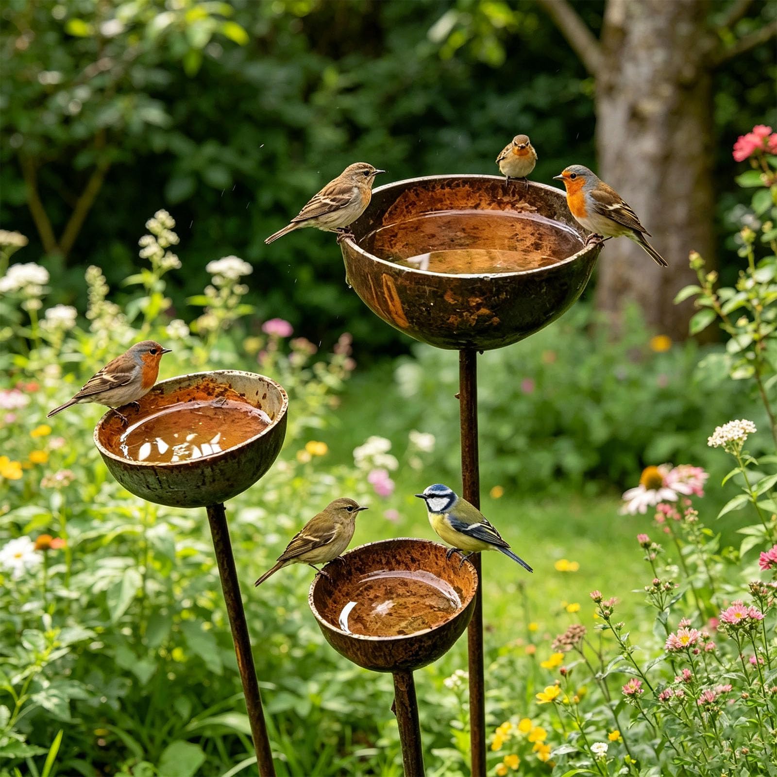 Pali per mangiatoia per uccelli da giardino con 3 ciotole in metallo, stazioni acqua e cibo per vasche da bagno per uccelli all ' aperto, altezza 65 cm per aree attività della fauna selvatica nel