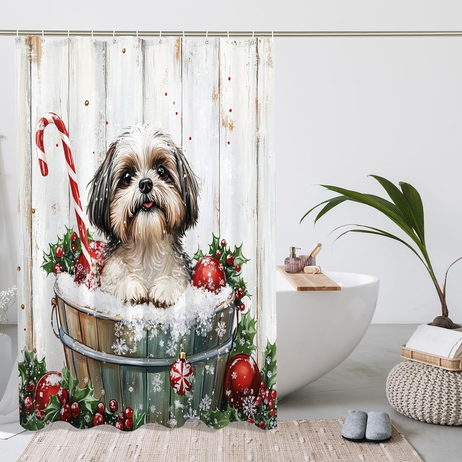 Christmas Shih Tzu Dog Shower Curtain, Cute Xmas Wood Shower Curtains for Bathroom, Pet Bath Pattern Decor Accessories Set -72 Inch