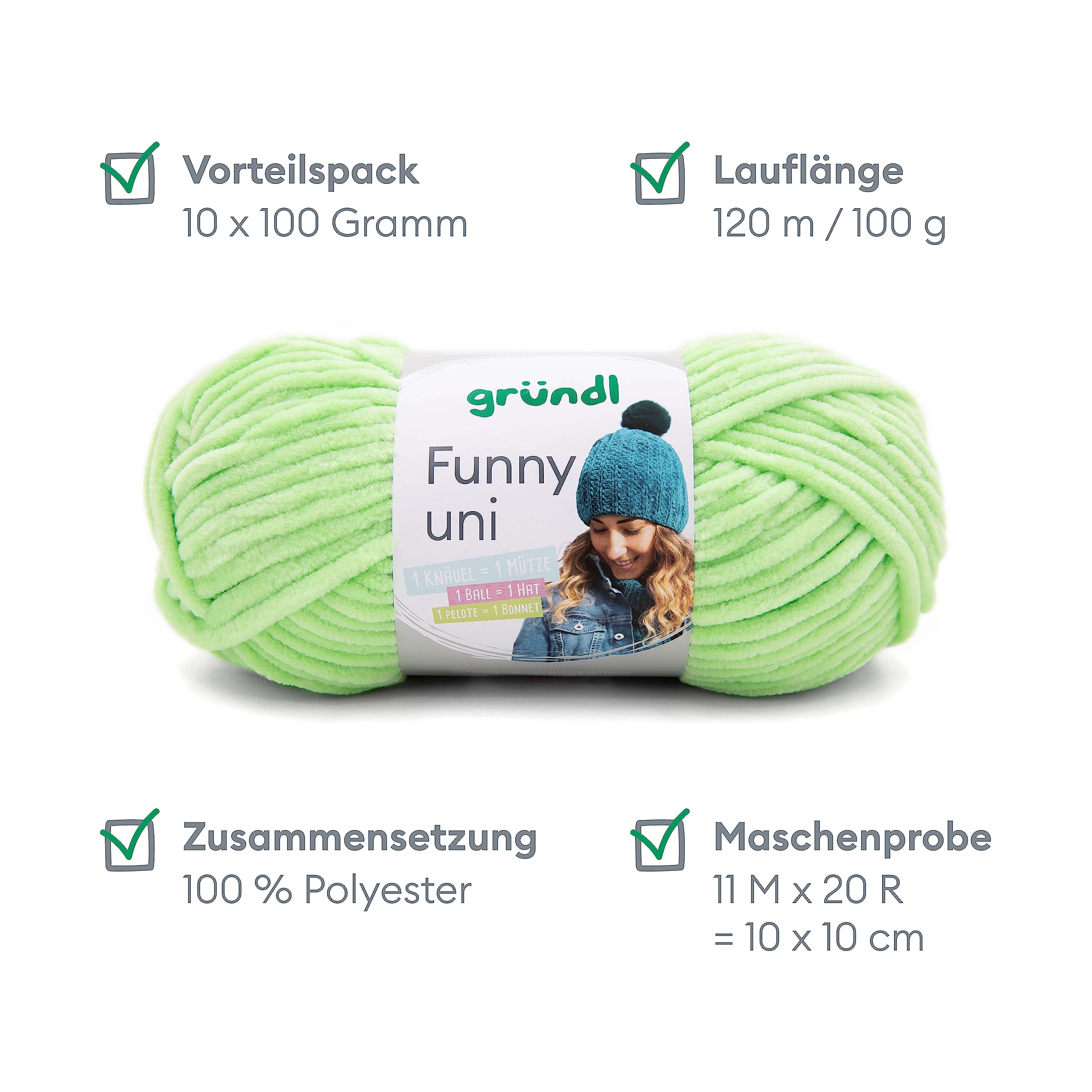 Gründl Wełna Funny uni - miękka wełna szenilowa do szydełkowania - przędza szenilowa ze 100% poliestru, 10 kłębków (100 g/ 120 m, grubość drutów: 5-6) - jasnozielona
