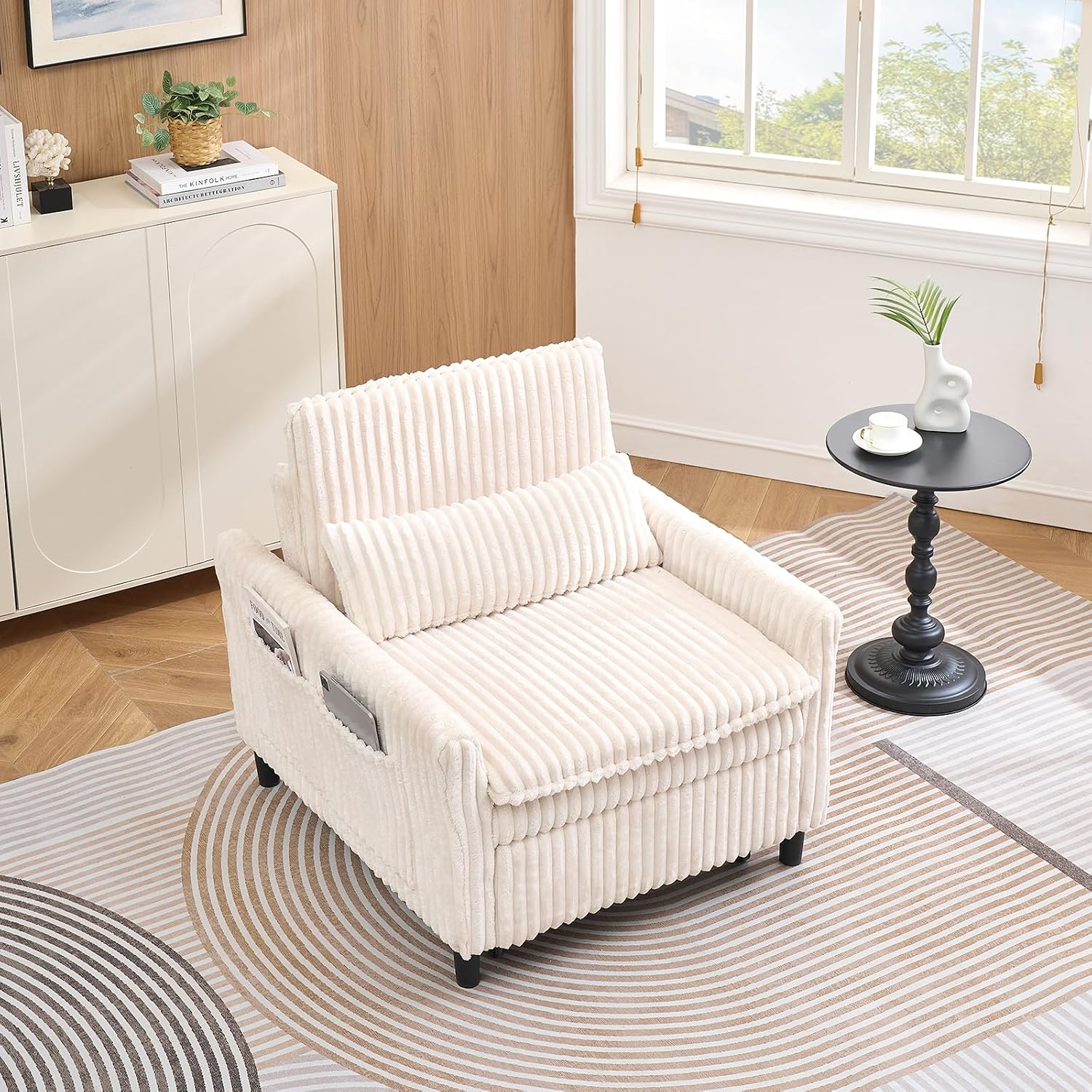 Deolme 3 in 1 Chair Bed Sleeper, Modern Plush Corduroy Comfy Futon Couch Single Sofa Chair with Pullout Bed Adjustable Backrest Recliner Living Room Bedroom Lounge