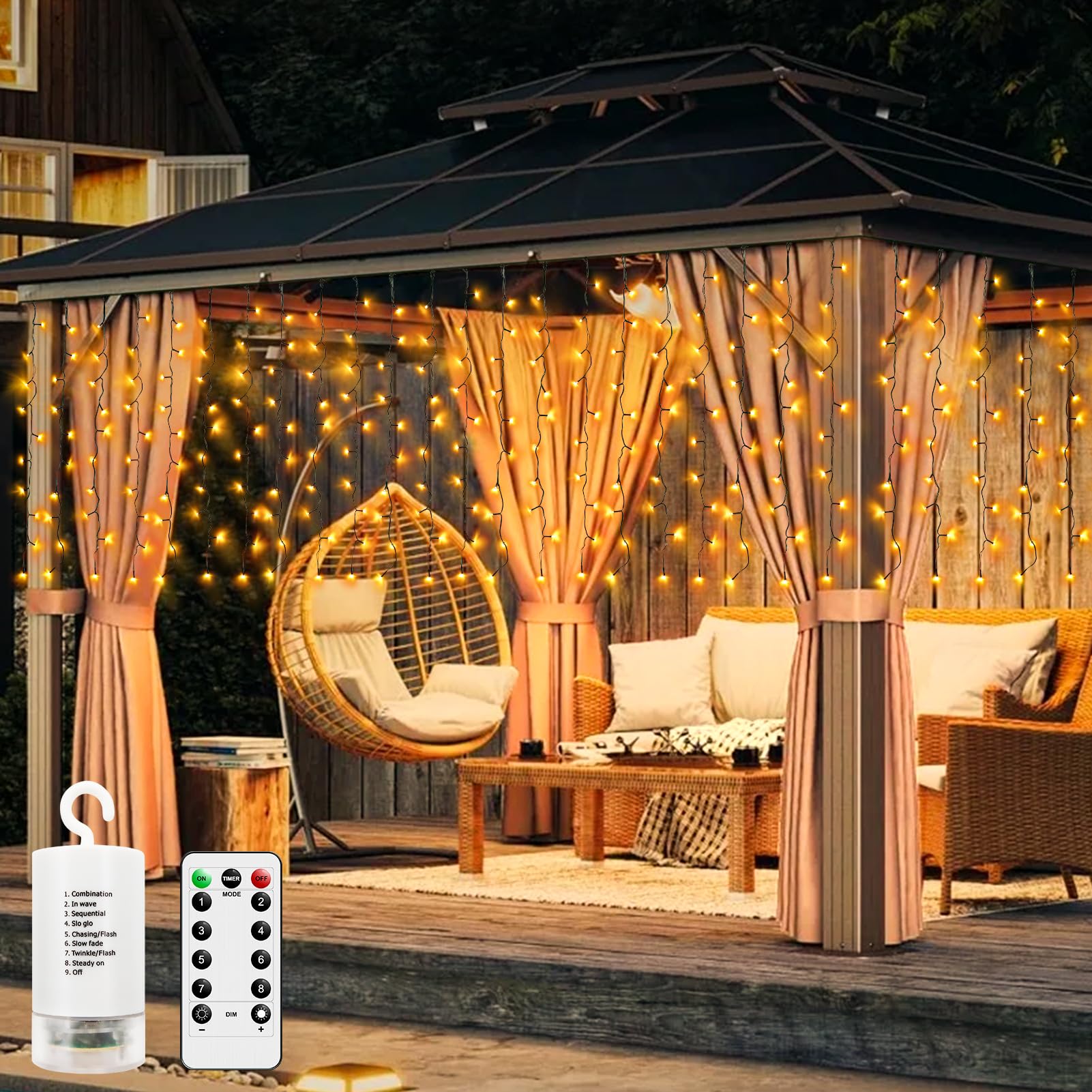 CCILAND Luces de cortina de Navidad que funcionan con pilas, 4 m x 1 m, 200 luces LED de cortina de alambre verde con control remoto, luces blancas cálidas para decoración de bodas y fiestas