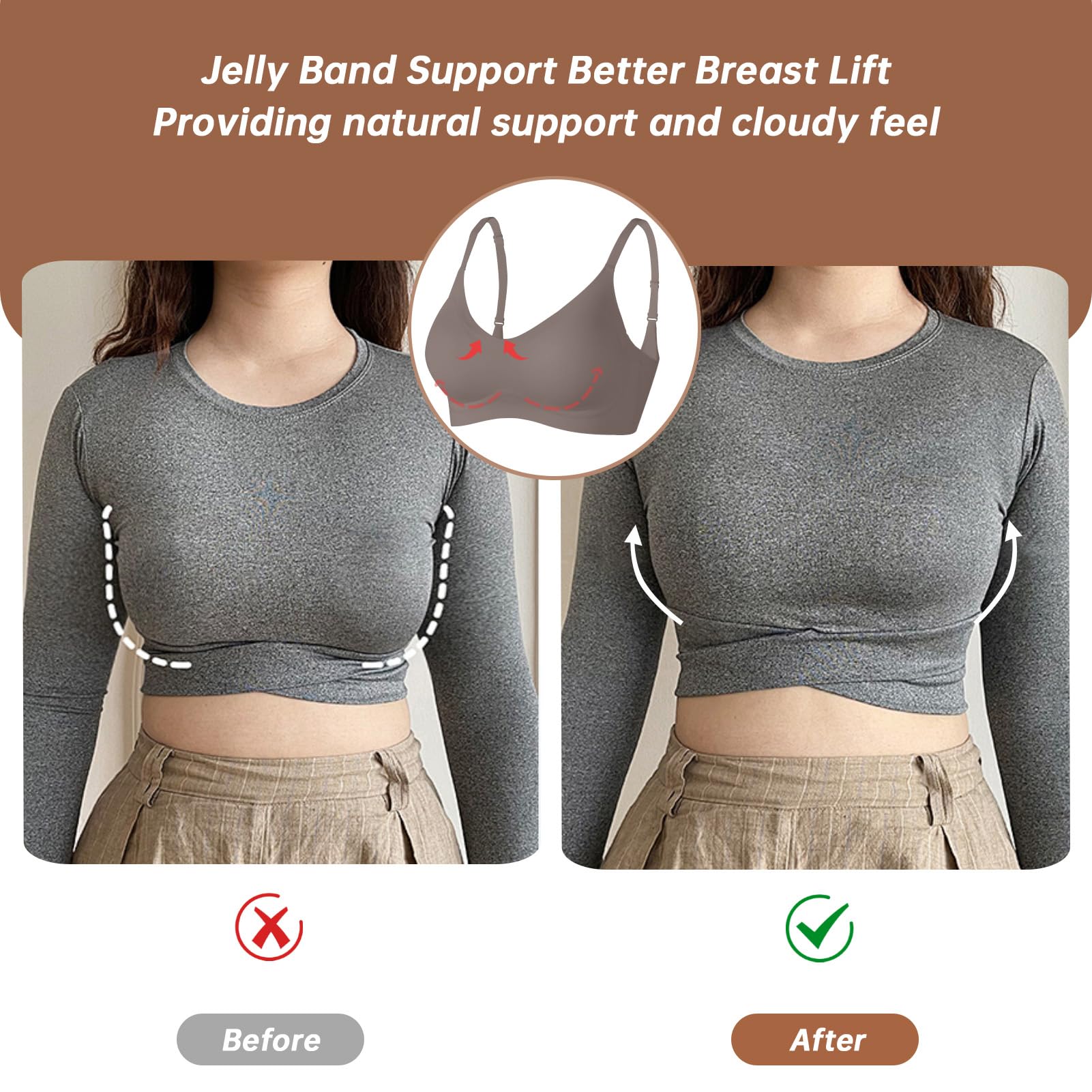 OEAK Womens Wireless Jelly Bras Comfortable Push Up Bra No Underwire Gel Bra Full Support Lift Everyday Seamless Tshirt Bras: Small Grey