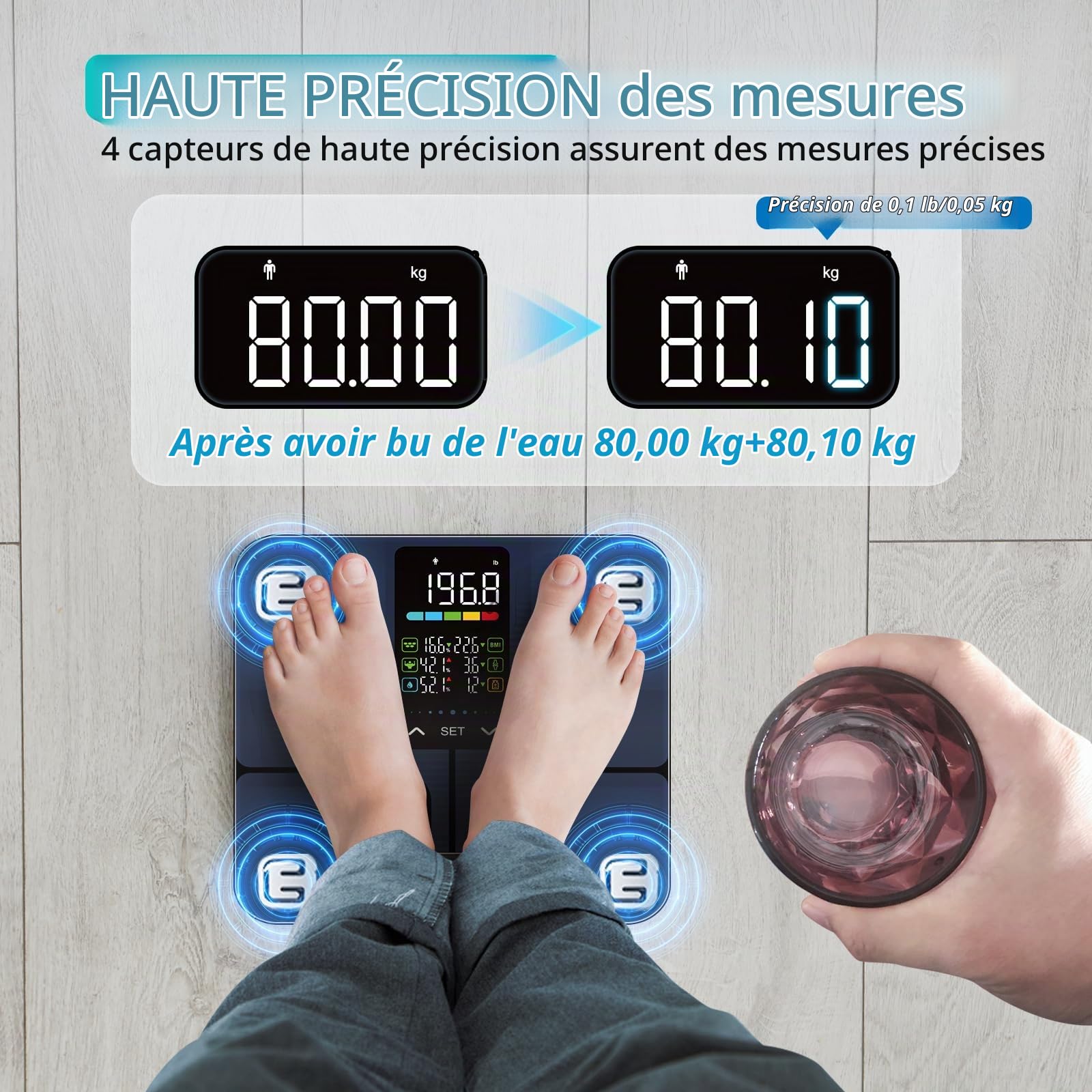 Balance Pese Personne Sans Application, 227 Kg, 5,44" Grand Écran, 8 Indicateurs Avec Technologie Revêtement ITO, Pese Personne Masse Graisseuse Et Muscle, 10 Identifiants Utilisateur, 30*30 cm