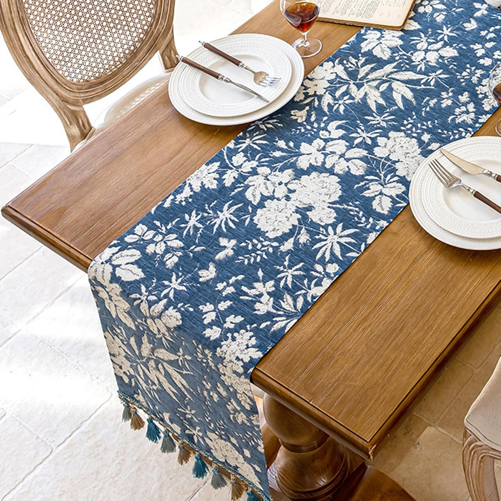 Camino de Mesa Moderno Poliéster, Caminos de Mesa Decorativo Salon 35x270 cm, Aspecto de Lino con Jacquard de Hojas Y Flores