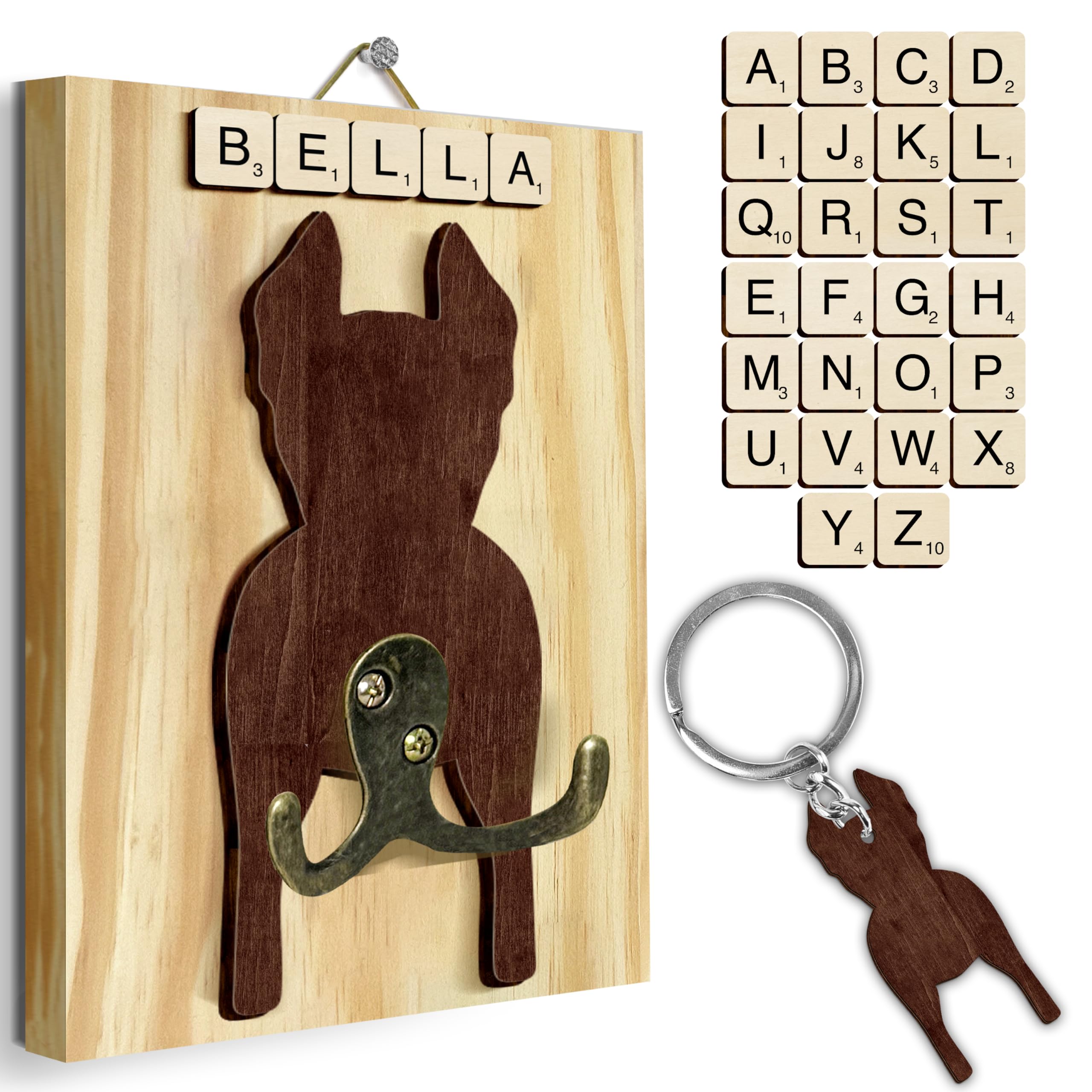 Doberman Dog Leash Holder Wall Mount with Scrabble Letters, Wooden Dog Wall Hook Organizer, Pet Collar and Harness Holder Entryway, Key Hook and Leash Rack, Gift for Pet Lovers, Home Decor PF297-33