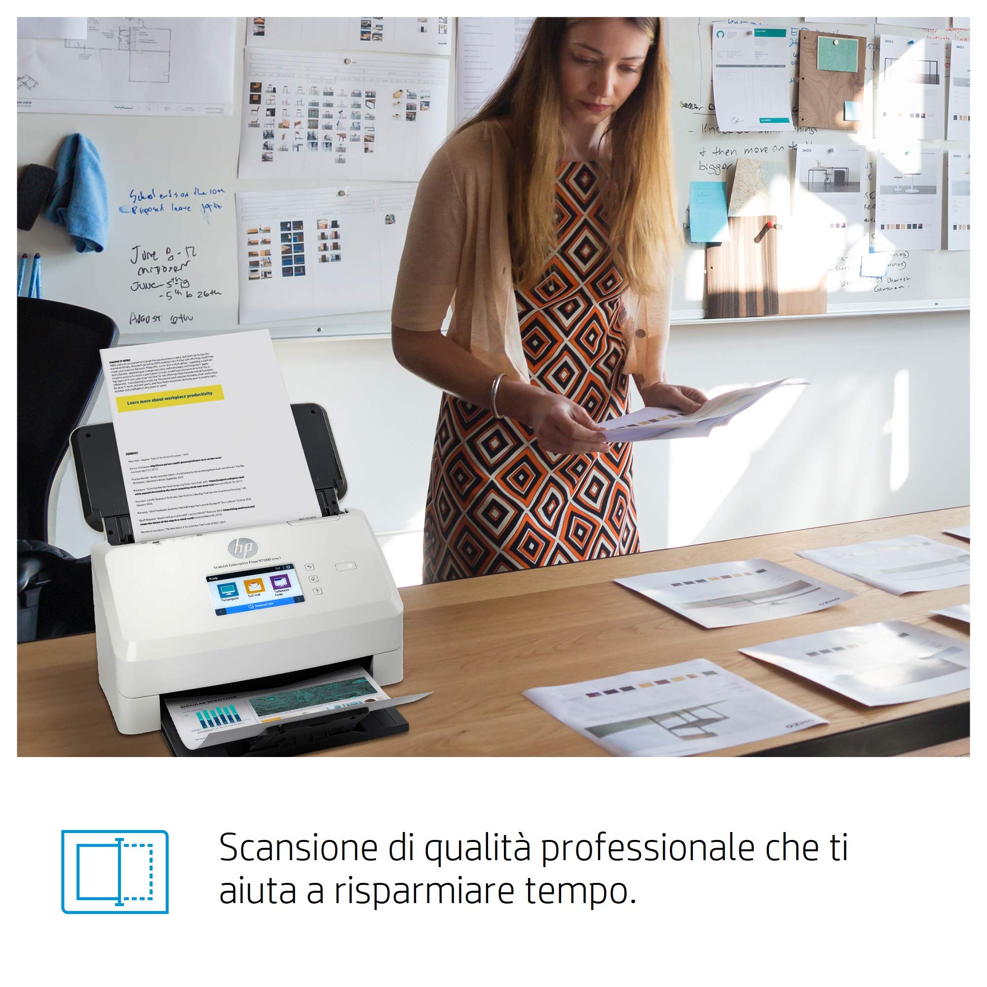 HP ScanJet Enterprise Flow N7000 snw1 6FW10A, Doppia scansione a singolo passaggio, Formato A3, 75 ppm e 150 ipm, Display Touchscreen 10,9 cm, Piccolo e sottile, Bianco