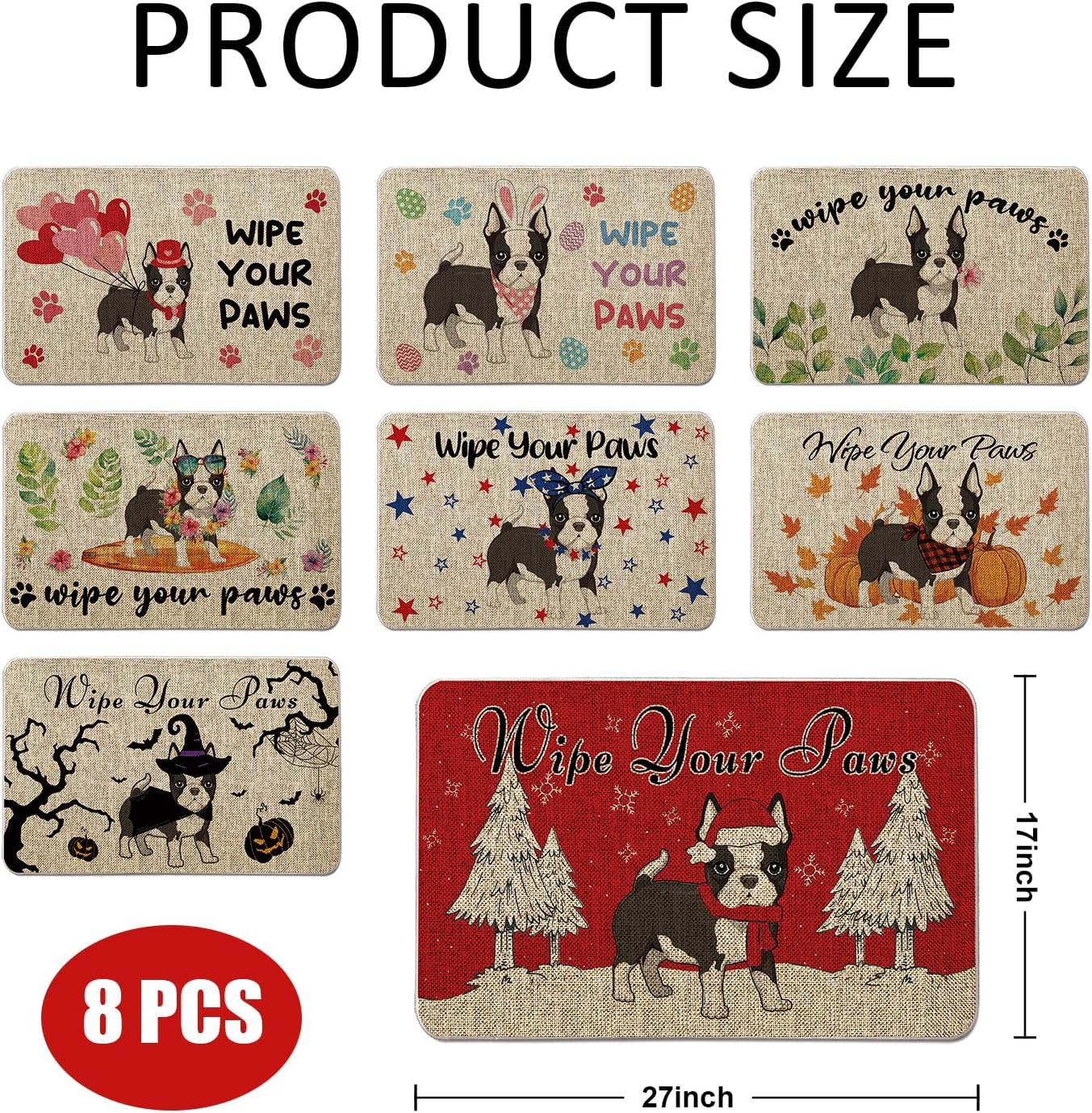 Dog Seasonal Door Mat 8 Pcs Boston Terrier Decorative Christmas Mother Day Welcome Doormats Wipe Your Paws Entrance Rug Kitchen Floor Front Door Mat Gifts Farmhouse Home Decor 17 x 27 Inch