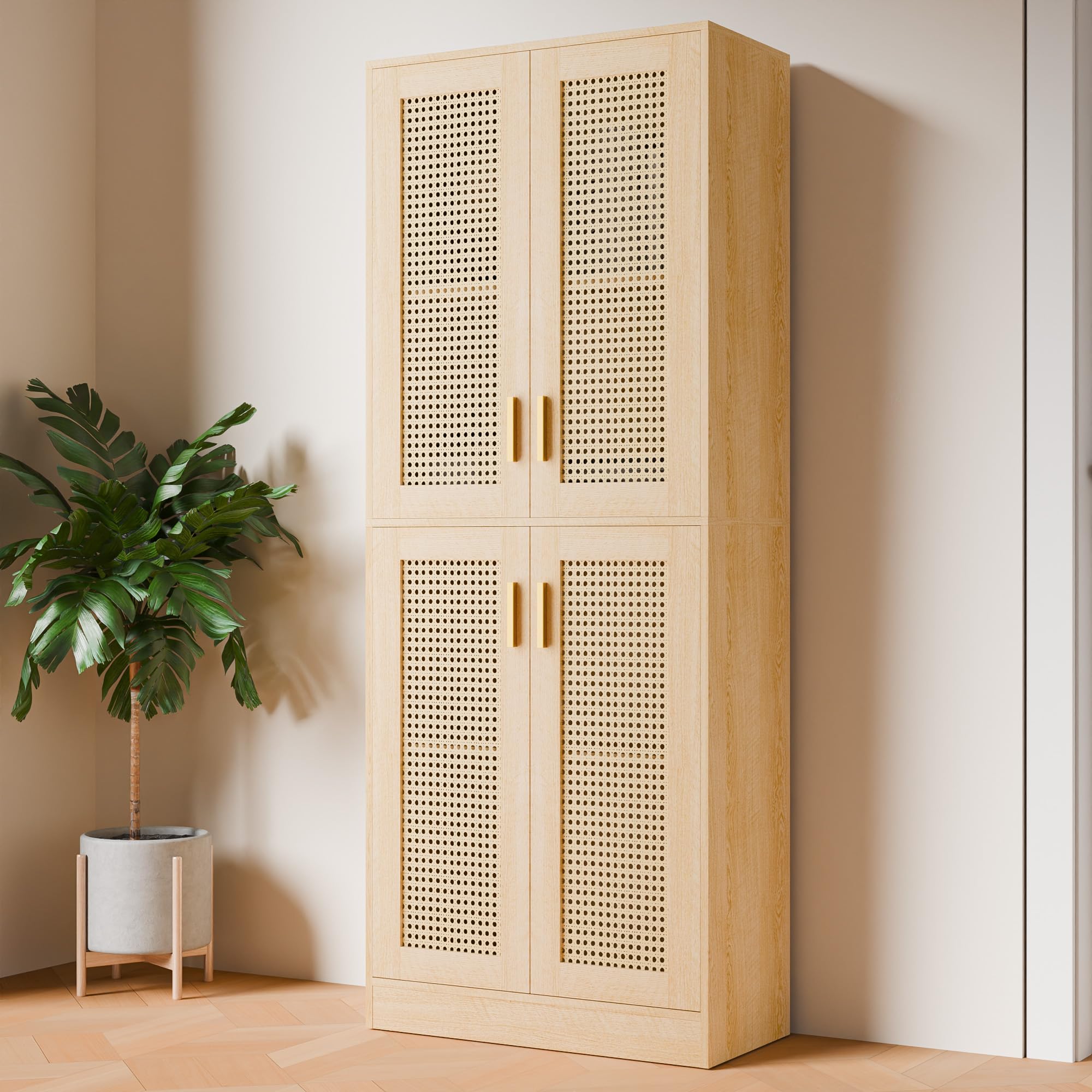Cozy Castle71" Pantry Cabinet, Freestanding Tall Storage Cabinet with Adjustable Shelves and Rattan Doors for Kitchen, Dining Room, Oak