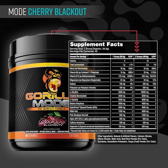 Gorilla Mode Pre Workout & Gorilla Mode Nitric Upgraded Stimulant - Best Tasting & Most Effective Stimulant Free Pre-Workout | Massive Pump | Laser Focus Energy Power (Cherry Blackout)