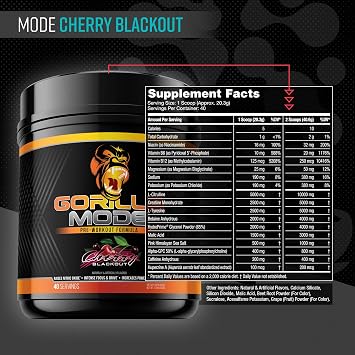 Gorilla Mode Pre Workout & Gorilla Mode Nitric Upgraded Stimulant - Best Tasting & Most Effective Stimulant Free Pre-Workout | Massive Pump | Laser Focus Energy Power (Cherry Blackout)