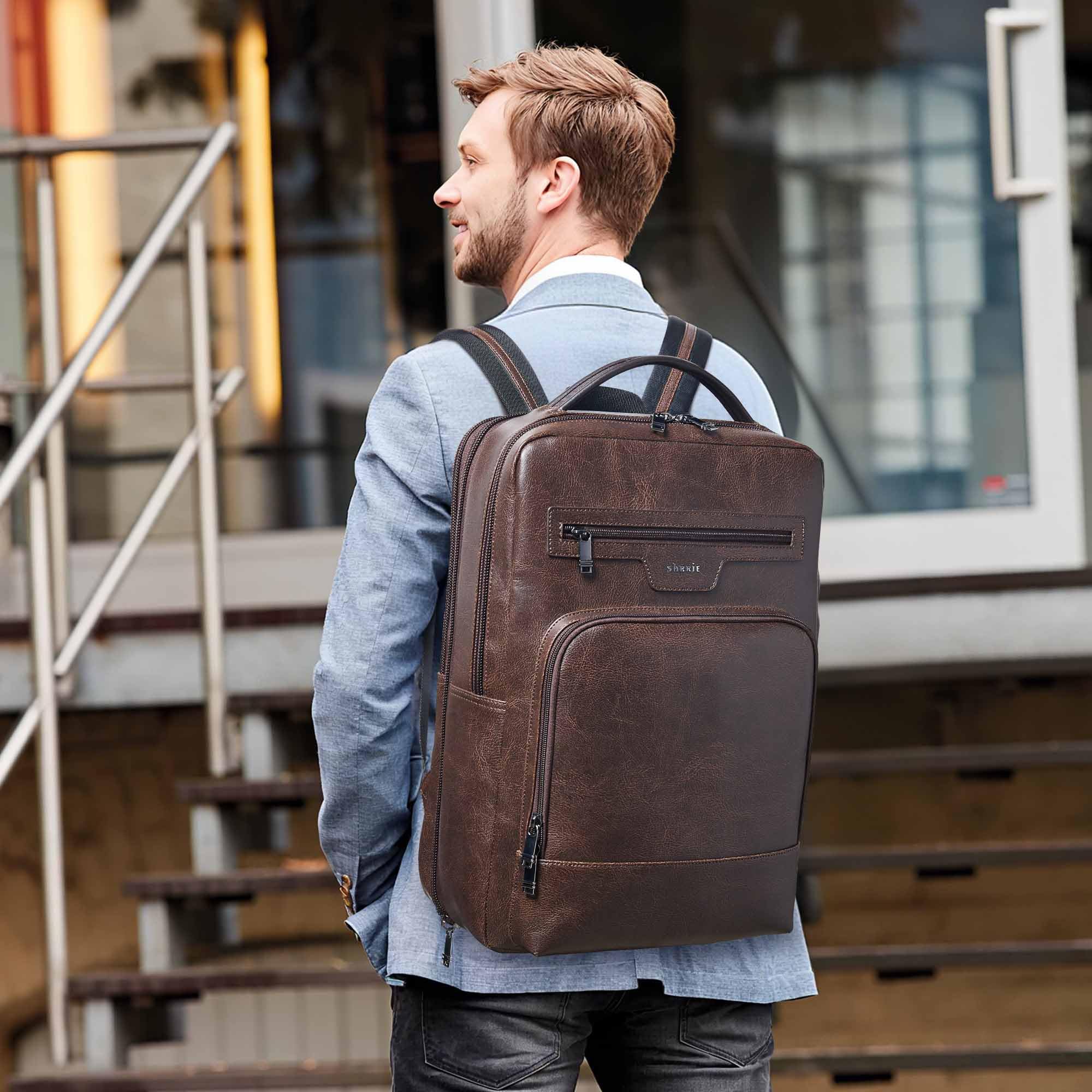 Shrrie cuoio laptop zaino per donne e uomini, 16 pollici impermeabile computer zaino, con connessione di ricarica USB，28 L estensibile lavoro Business Weekender College,Caffè