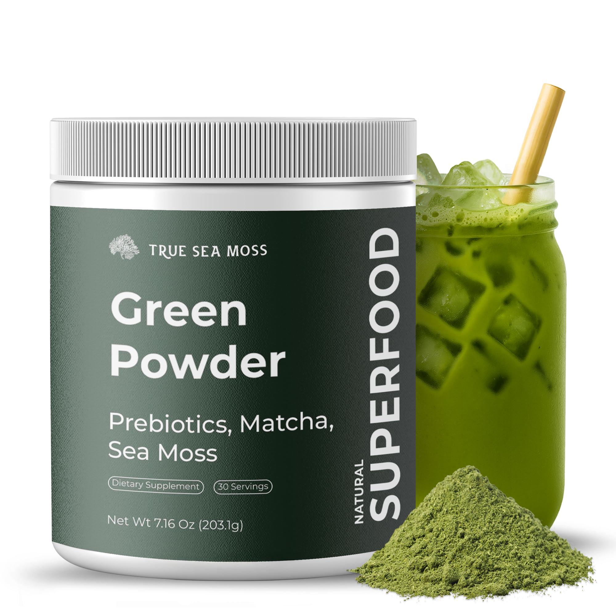 TrueSeaMoss Super Greens Powder with Matcha for Digestive & Gut Health – 25 Superfoods with Probiotics, Prebiotics, Enzymes & Sea Moss – Vegan Superfood Powder for Bloating & Regularity - 30 Servings