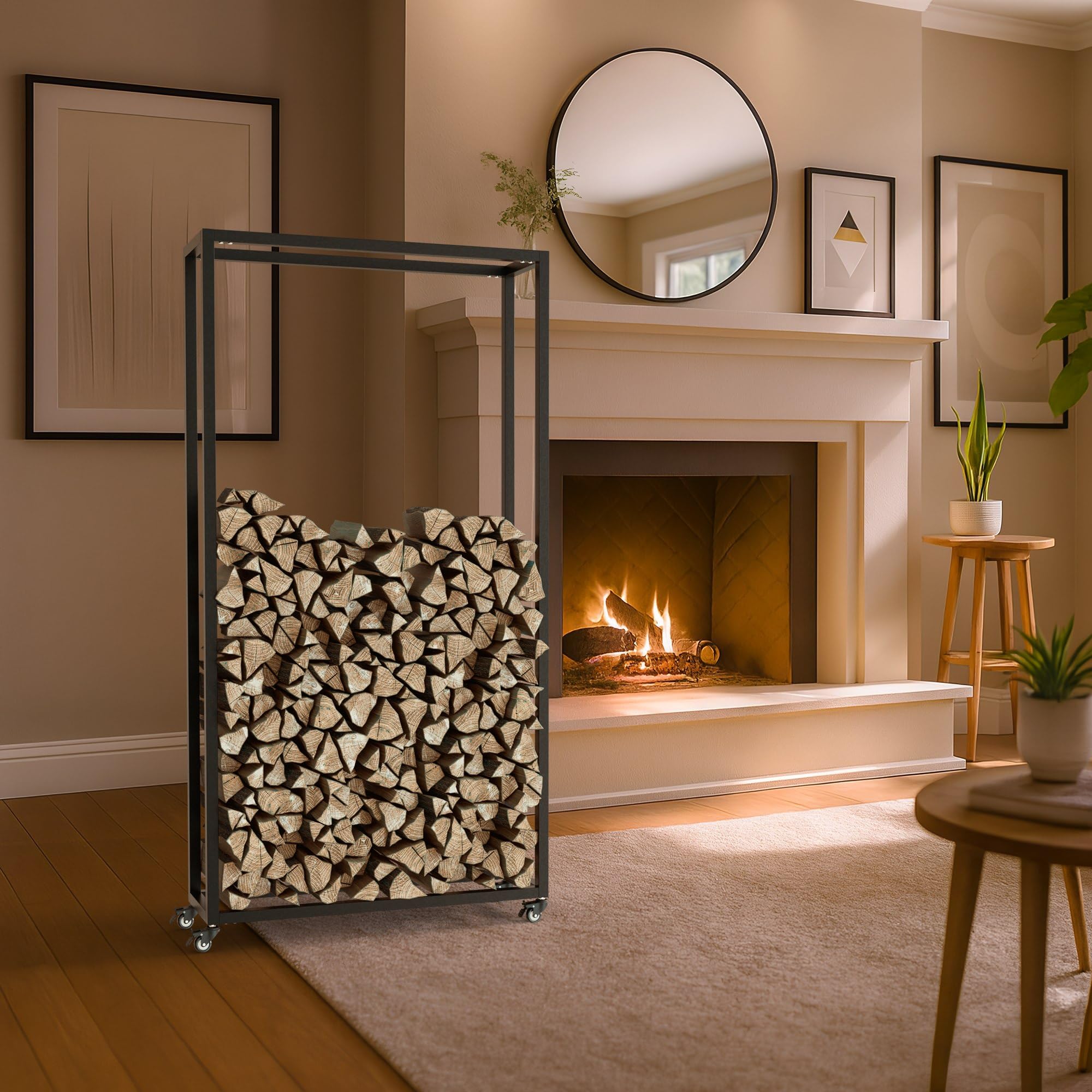 CLP Leñero metálico Interior con Ruedas Hilta, Soporte para Troncos de Metal Resistente, Almacenamiento de leña en el salón, Color:Negro, Tamaño:25x80x150 cm
