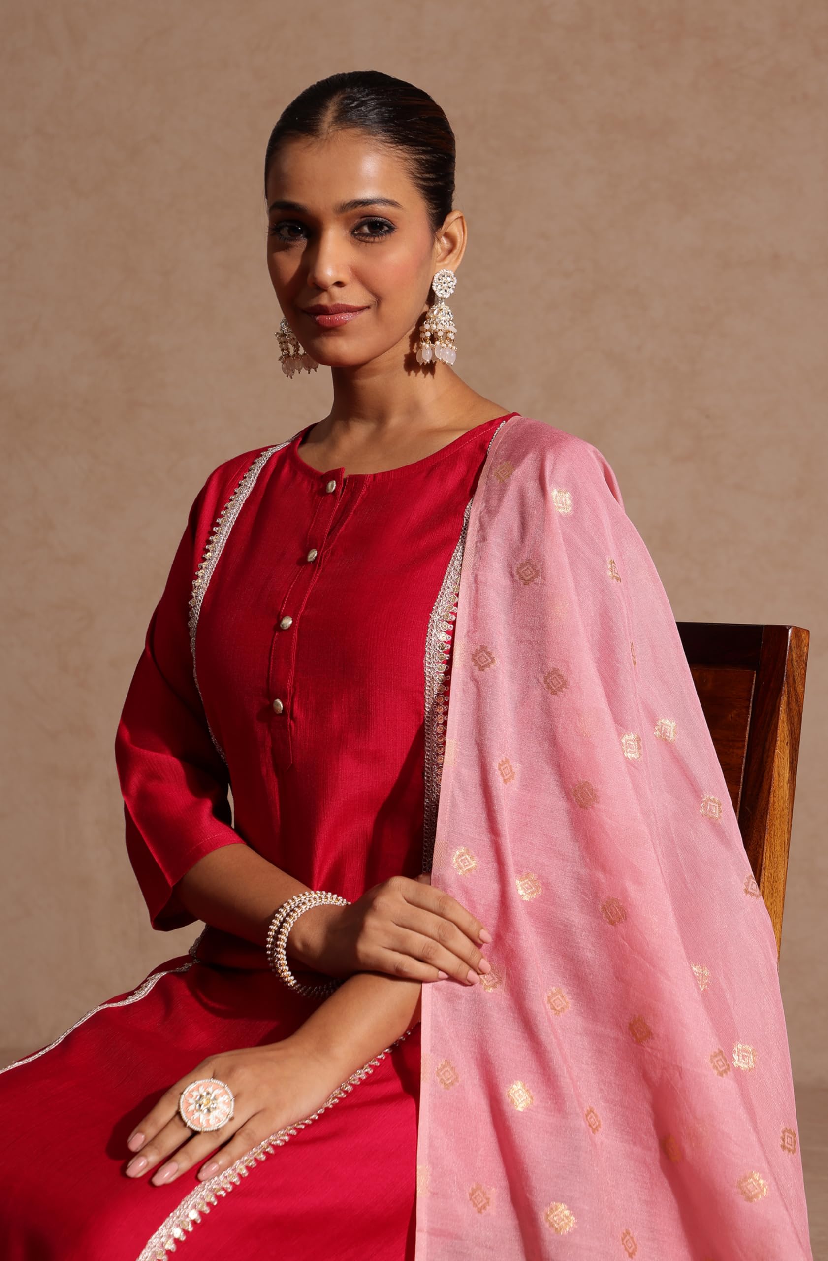 Janasya Women's Pink Silk Blend Embellished Straight Kurta Set