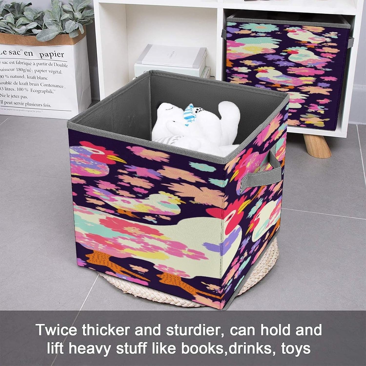 Flower Heart Chicken Fabric Bins Storage Basket Square Baskets | Storage Bin with Double Handles,Cube Collapsible Organizers for Organization,Closet,Shelves,Offices