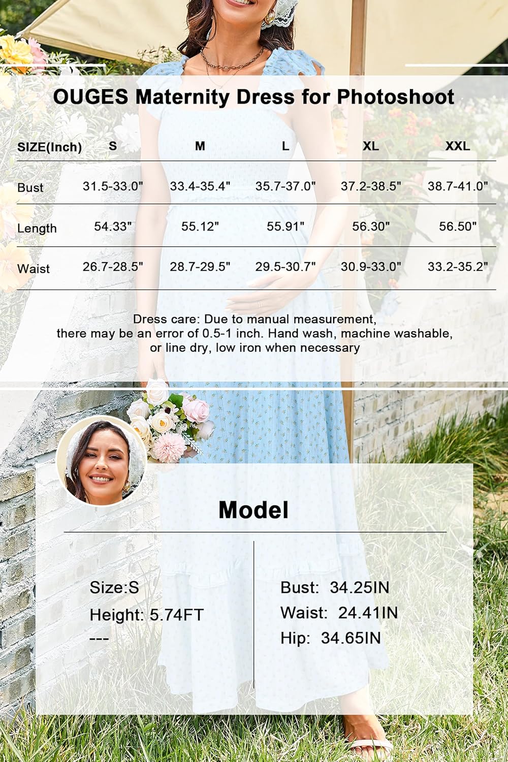 OUGES Womens 2026 Summer Maternity Photoshoot Dress Boho Maxi Smocked Baby Shower Dress Ruffle Sleeve Maternity Clothes - Image 7