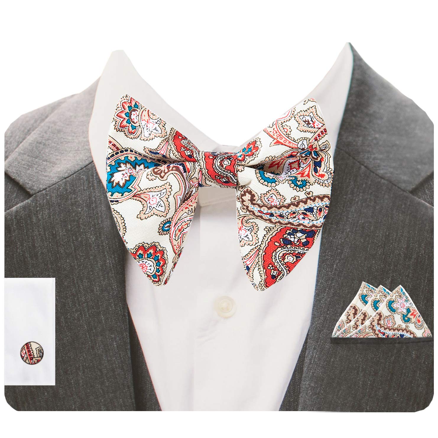 Gusleson Pre-tied Big Bow Ties For Men Solid Orange Velvet Bowtie and Pocket Square Cufflink Sets (UK0571-02)