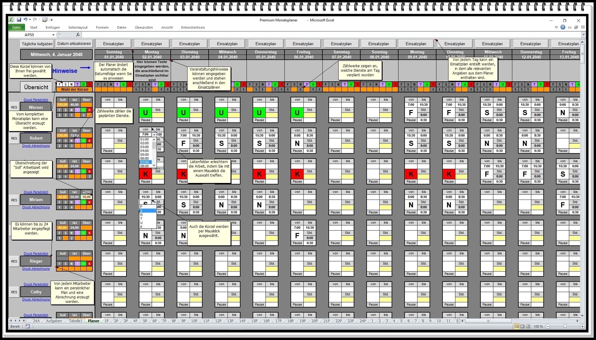 Elektronischer digitaler Dienstplaner Monatsplan Schichtplaner Excel Software mit Lohnabrechnung