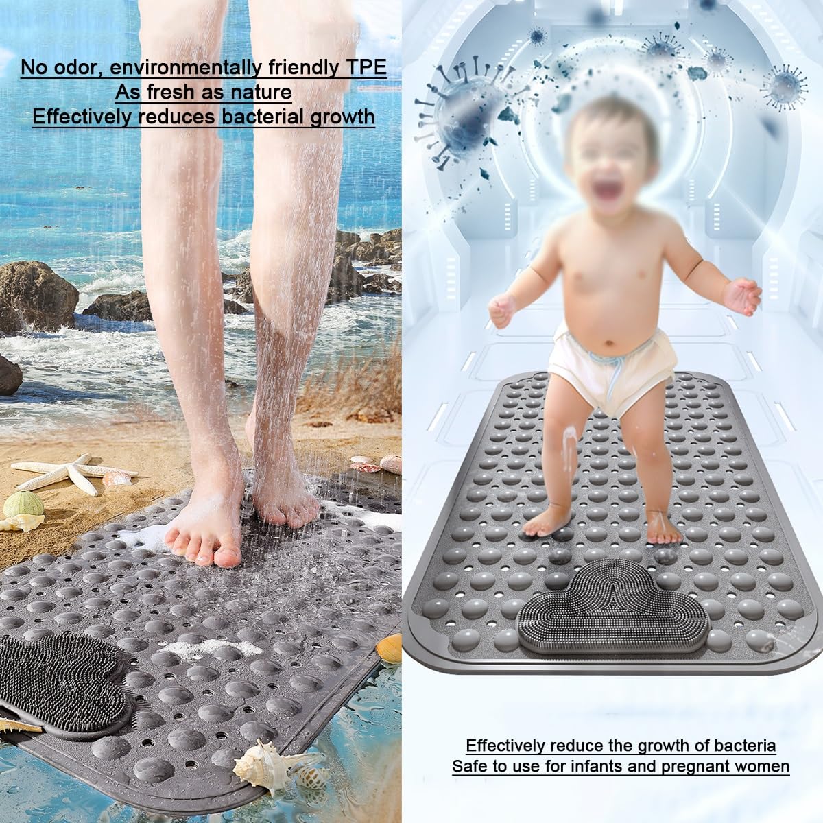 rutschfeste Duschmatte Mit Saugnäpfen, Badewannenmatten Mit Abflusslöchern, Leicht Zu Reinigen, Für Badezimmerboden, Badewanne Und Dusche, Ideal Für Senioren Und Kinder(Dark beige,80x120cm)