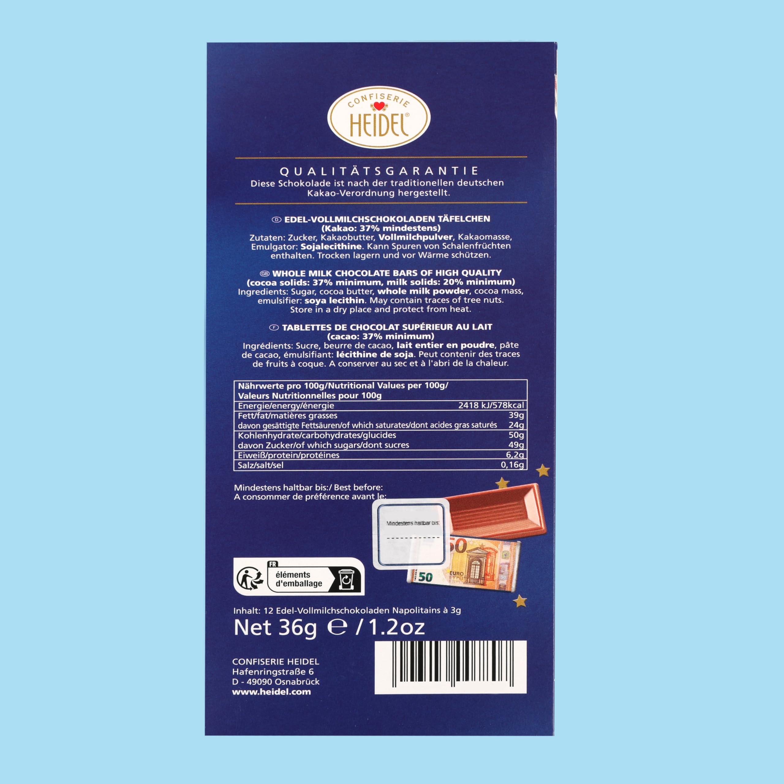 Minis Chocolat Euro en Chocolat HEIDEL Conffiserie - Coffret présent original 36 g chocolat-au-lait - Pour cadeaux en argent - Chocolats a offrir a occasions spéciales - 5 à 200 en billets d'euros