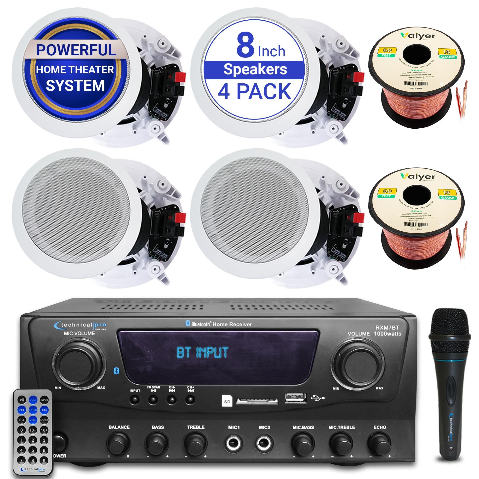 Home Theater Sound System Kit - 1000 W Bluetooth Amplifier w/ 4 Qty of 8