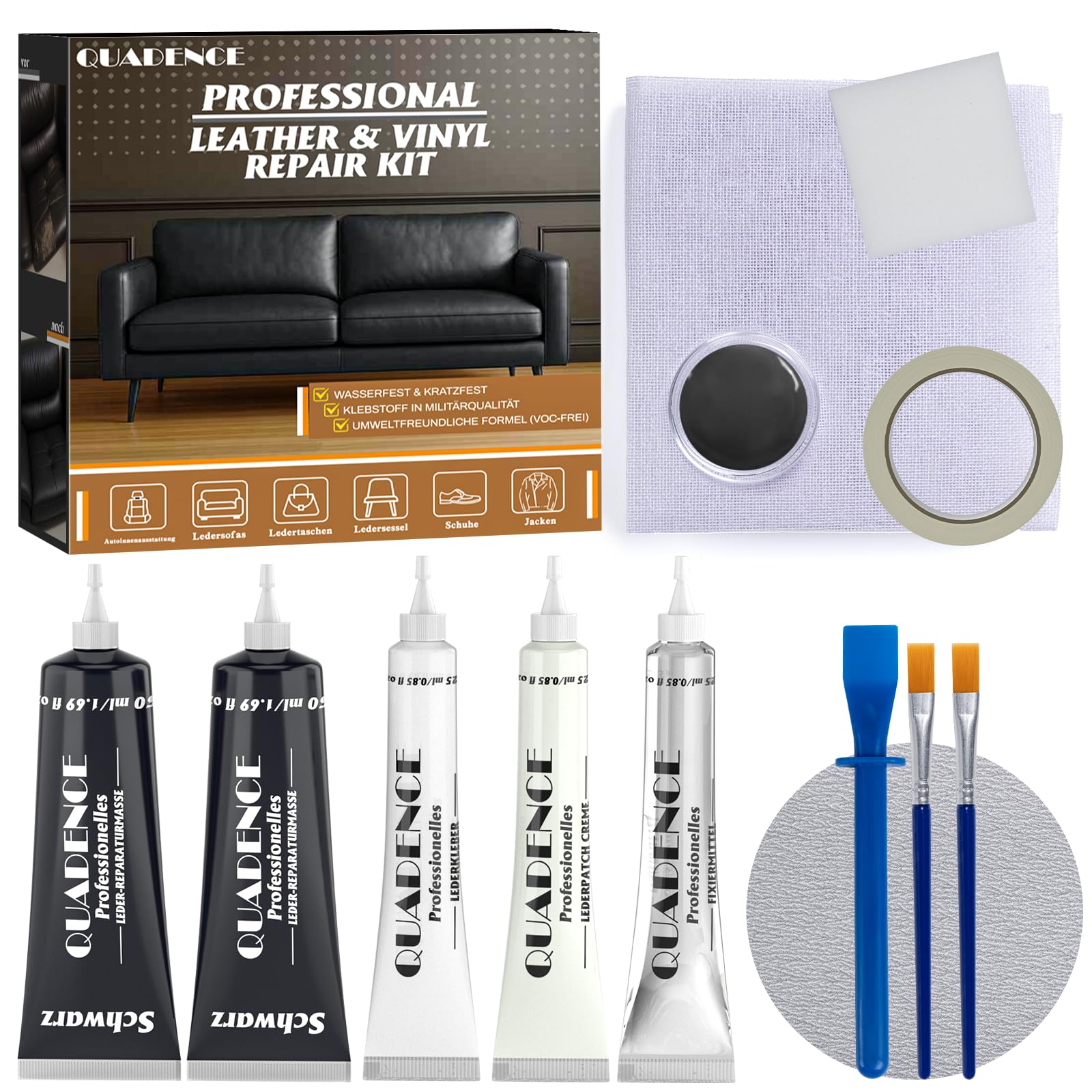 Quadence Leder Reparatur Set Schwarz – Flüssigleder Reparaturset für Auto, Sofa & Möbel, Kunstleder Reparaturset für Kratzer, Risse & Löcher, für Leder & Kunstleder (5-teilig: 2 × 50 ml + 3 × 25 ml)