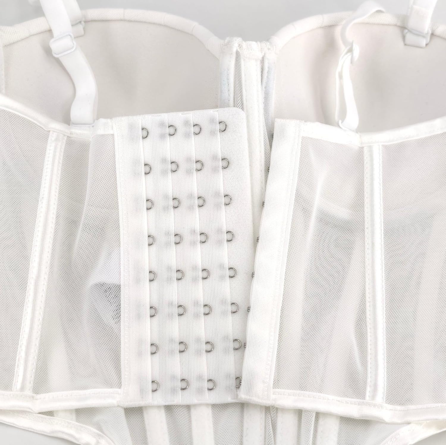 ELLACCI Women Beaded Trim Mesh Corset Bodysuit Pleated Padded Cups Bustier Top White - Image 7