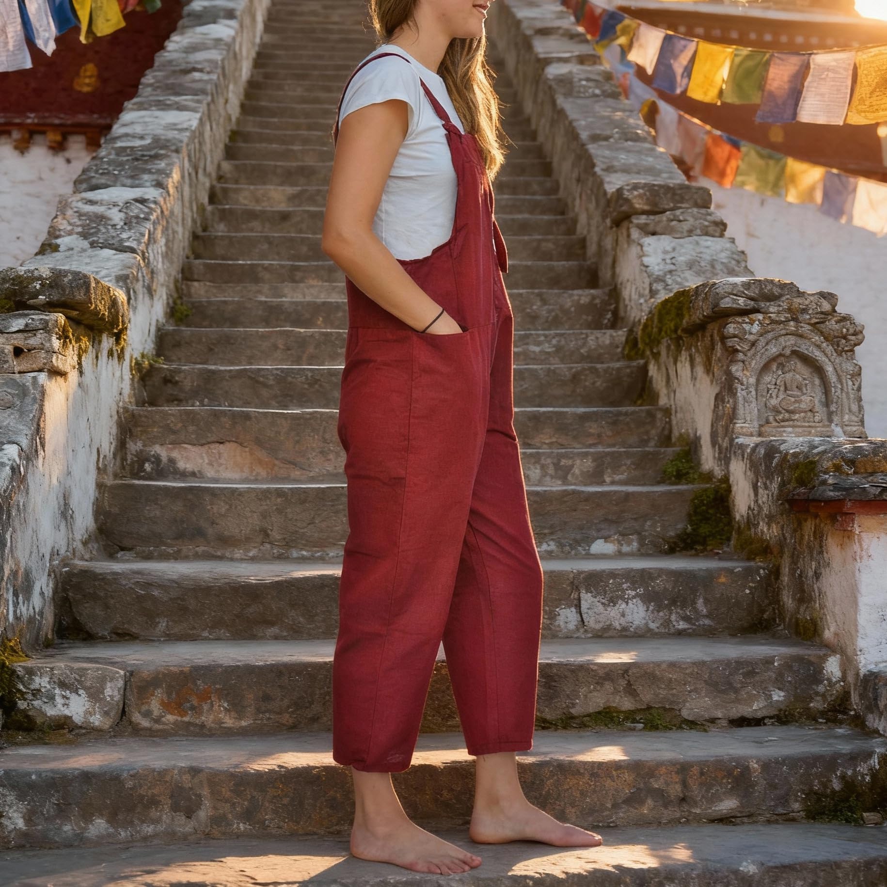 JUNKIRI Salopette Elegante Bohemien in Cotone, Realizzata a Mano in Nepal, Tuta Larga a Gamba Ampia, Jumpsuit, taglia unica