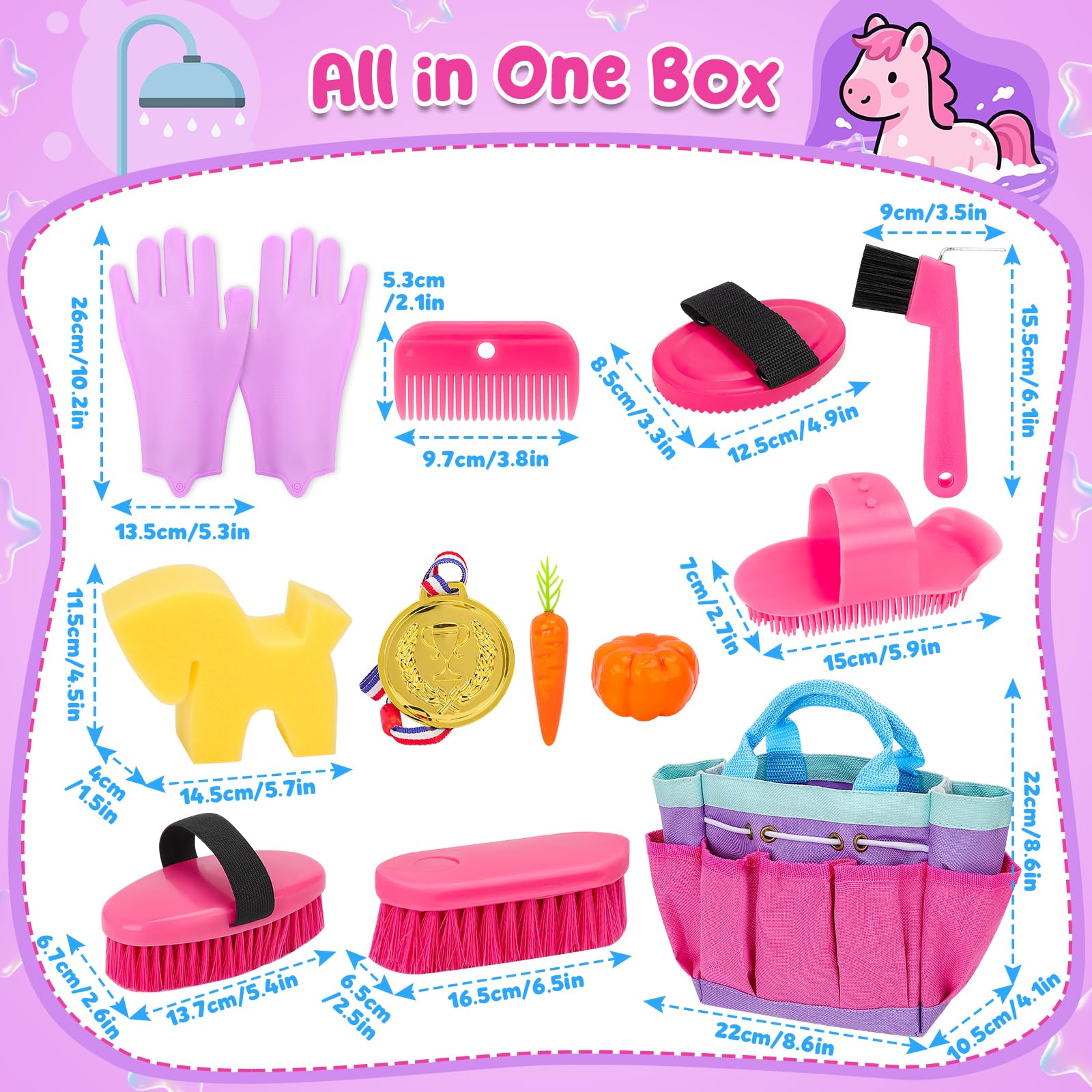 deAO Set de Cuidado de Caballos con Bolsa, Utensilios de Limpieza para Caballos para Niños con Cepillo, Guantes, Cepillo de Masaje, Peine para Crines, Rascador de Cascos, Esponja para Caballos (Rosa)