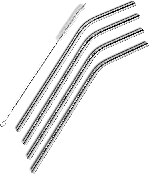 Stainless Steel Drinking Straws Set of 4, Curved metal Straws reusable for 20 0z Tumbler, | Fits all Yeti SIC Simple Modern Tumblers, Cleaning Brush Included.
