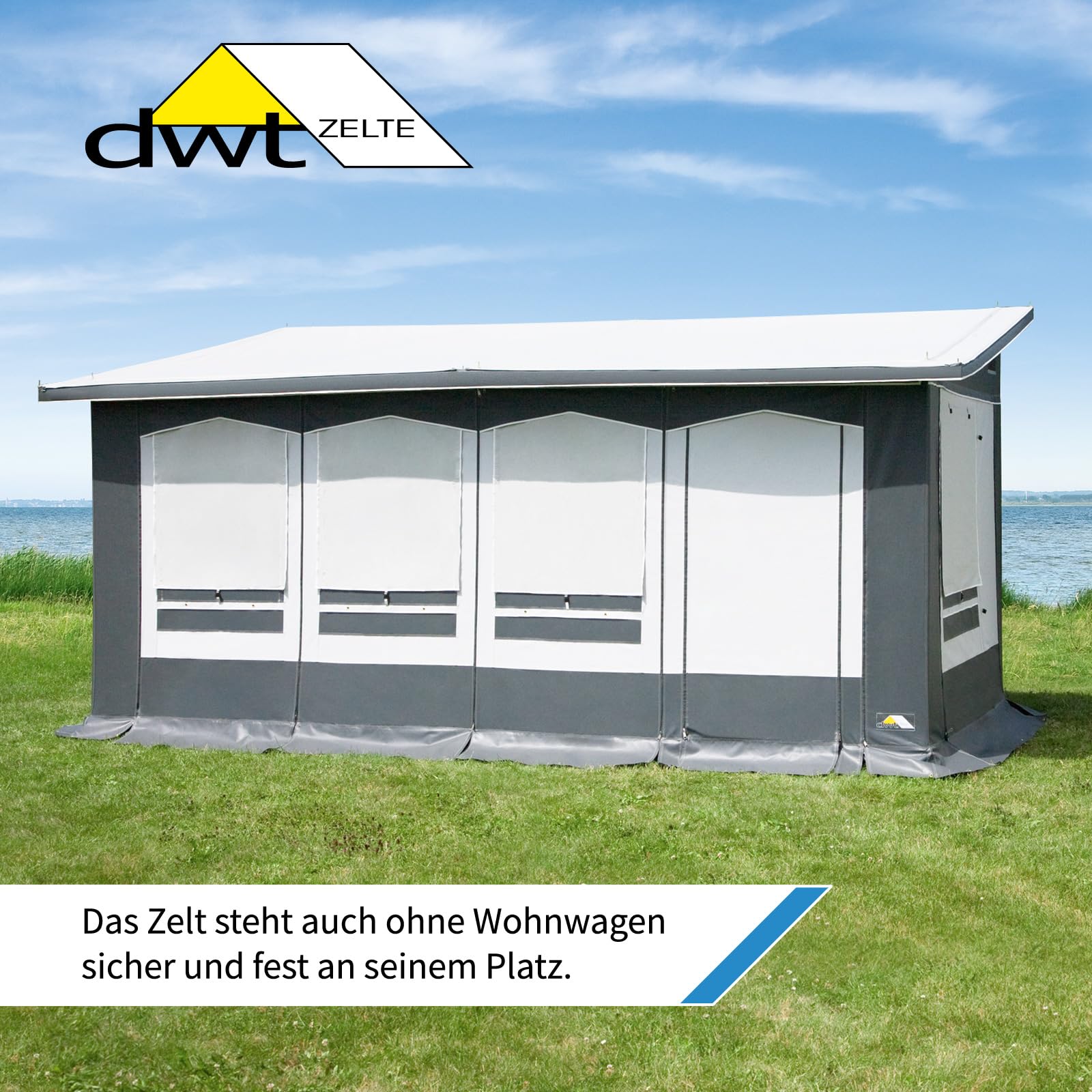 dwt Wohnwagen Vorzelt Favorit III mit 250 cm Tiefe, freistehendes Teilzelt für Winter- und Dauercamping inkl. Abspannmaterial und Packsack, Größe:440 x 250 cm (BxT)