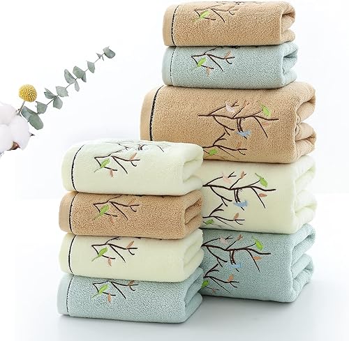 Miniatura 5 de Pidada Juego de 4 toallas de mano bordadas con patrón de árbol de pájaros, 100% algodón, absorbentes, suaves, toallas decorativas para baño (marrón)