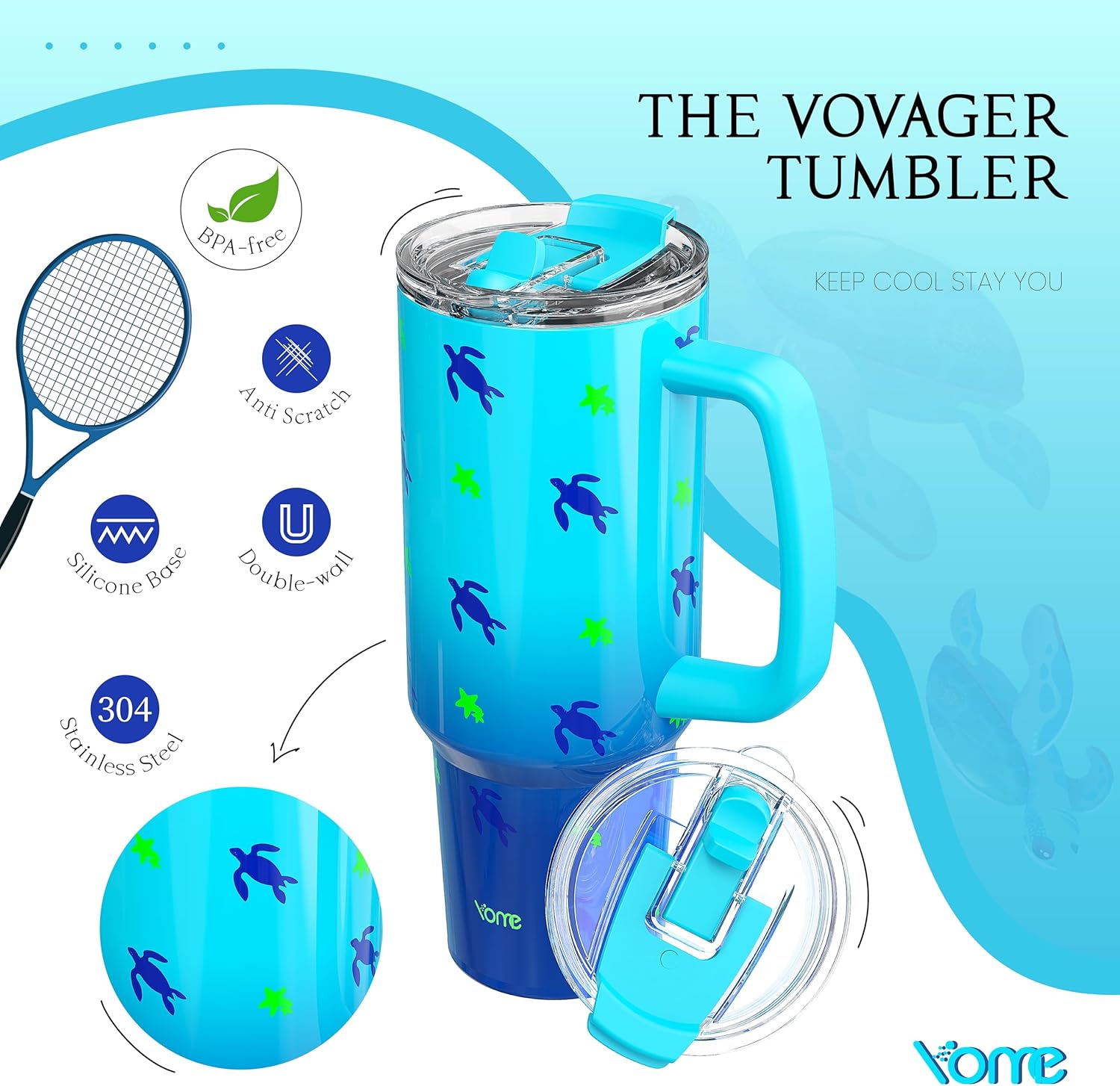 YOME 40 oz Sea Turtle Tumbler with Handle and Flip Straw for Women | Stainless Steel Insulated Water Bottle | Keeps Drinks Cold | Dishwasher Safe | Cupholder Friendly | Gift Gym Travel Yoga - Image 9
