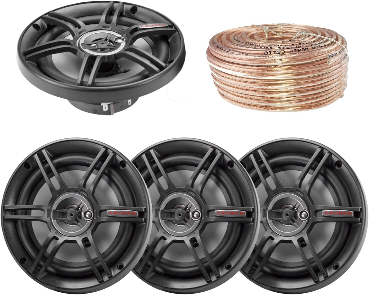Car Speaker Package Of 2 Pairs of Crunch CS653 6.5-Inch Full Range 3-Way Black Upgarde Audio Stereo Coaxial Speakers Bundle Combo With Enrock 50 Foot 18 Gauge Speaker Wire