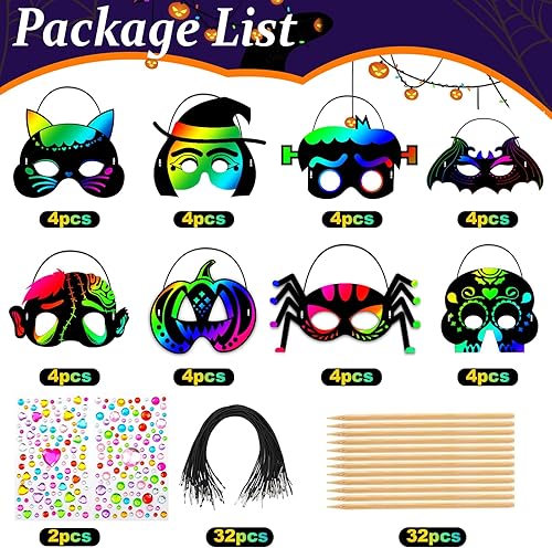 Vista 3 de Natonhi Halloween Crafts for Kids Rainbow Scratch Mask, Halloween Games Scratch Art and Craft Kit 32 máscaras raspaduras de Halloween